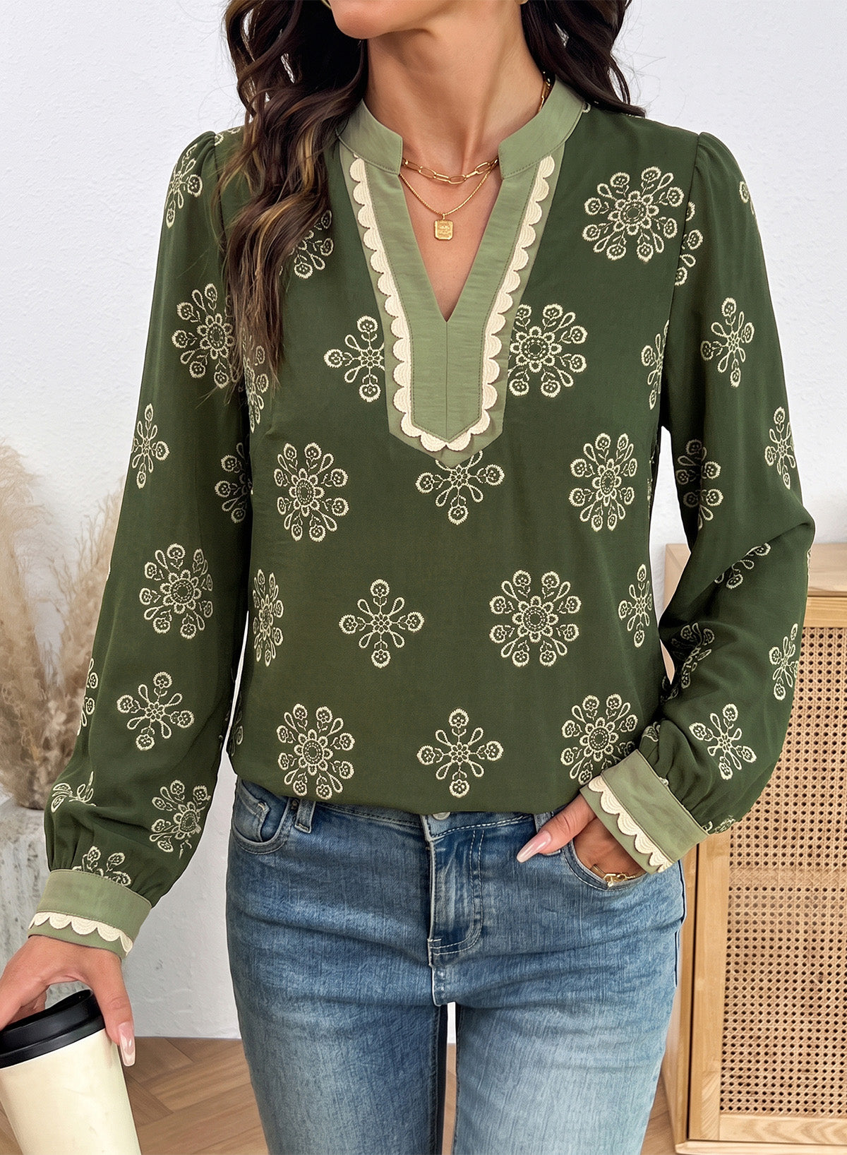 Dokotoo Womens Tops V Neck Long Sleeve Shirts Boho Trim Casual Blouses