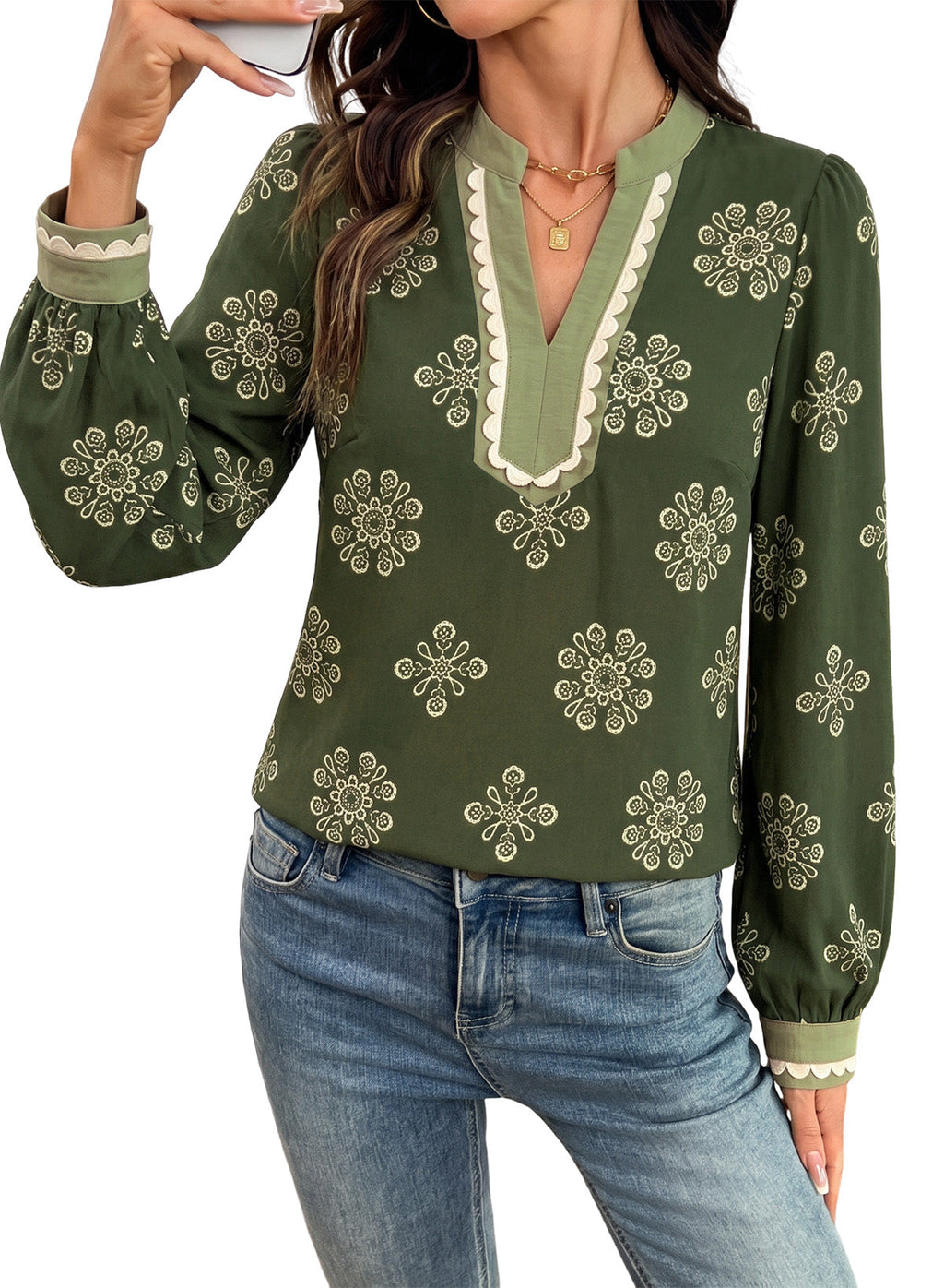 Dokotoo Womens Tops V Neck Long Sleeve Shirts Boho Trim Casual Blouses
