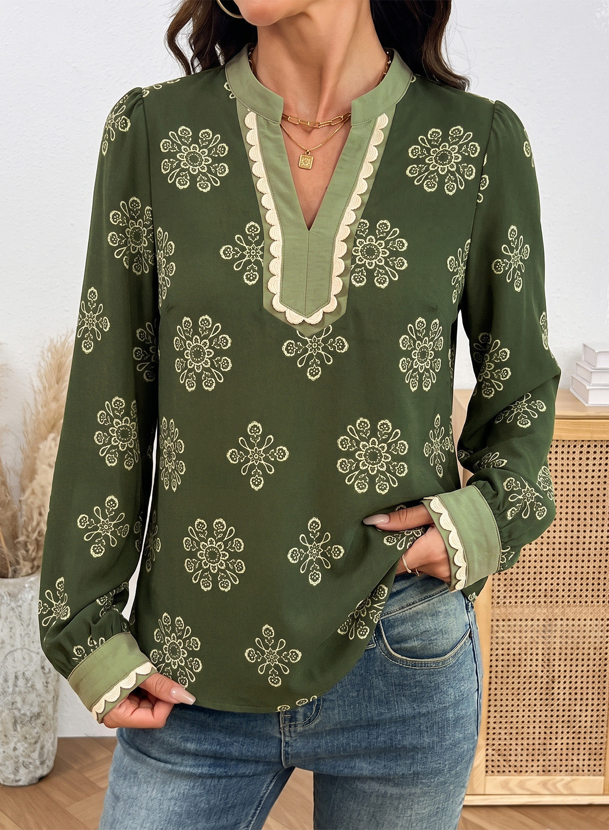 Dokotoo Womens Tops V Neck Long Sleeve Shirts Boho Trim Casual Blouses