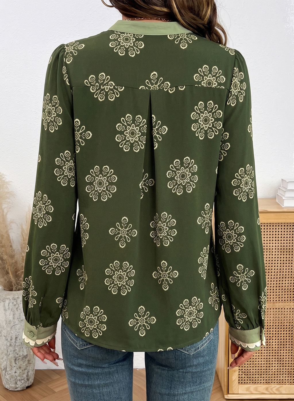 Dokotoo Womens Tops V Neck Long Sleeve Shirts Boho Trim Casual Blouses