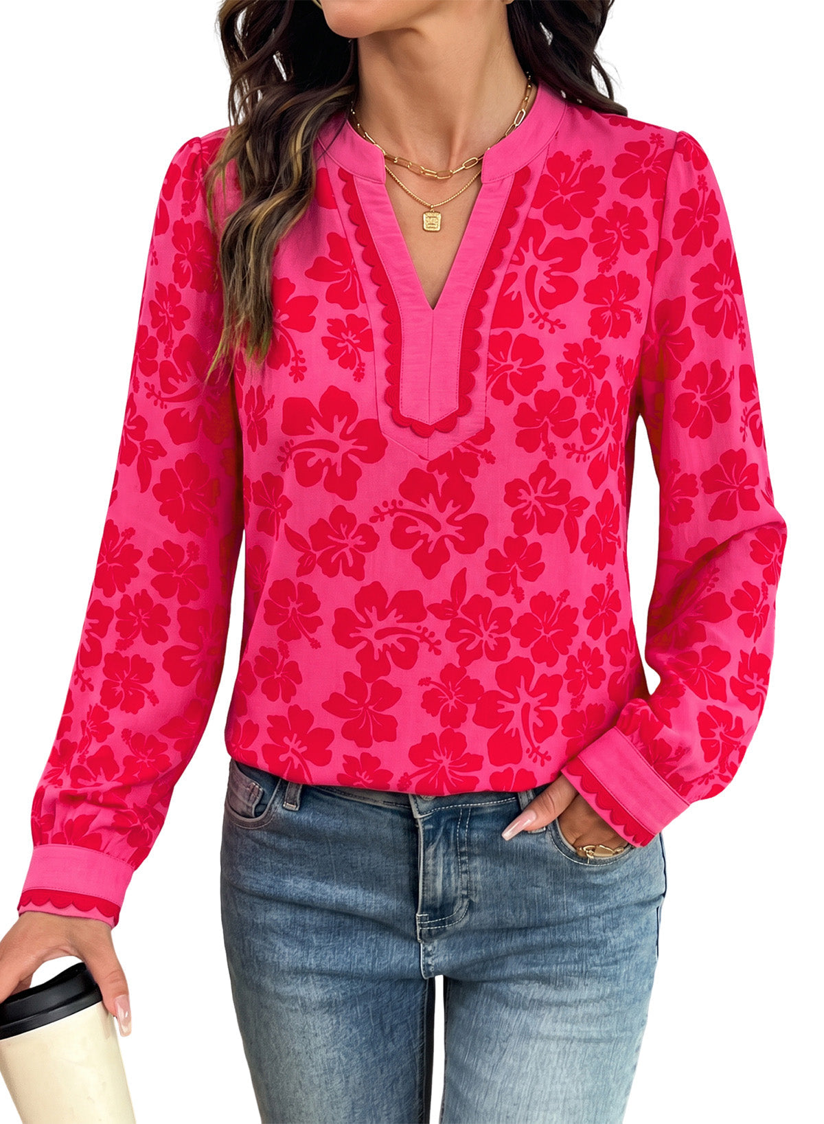 Dokotoo Womens Tops V Neck Long Sleeve Shirts Boho Trim Casual Blouses