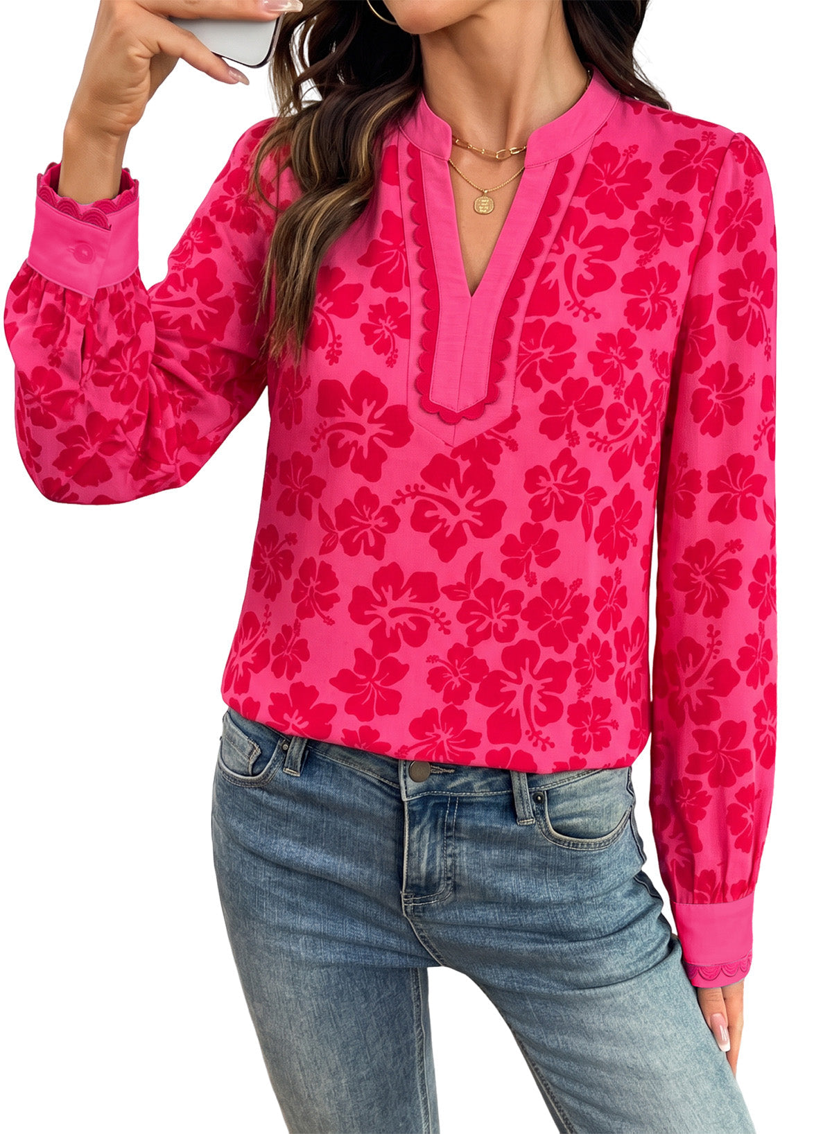 Dokotoo Womens Tops V Neck Long Sleeve Shirts Boho Trim Casual Blouses