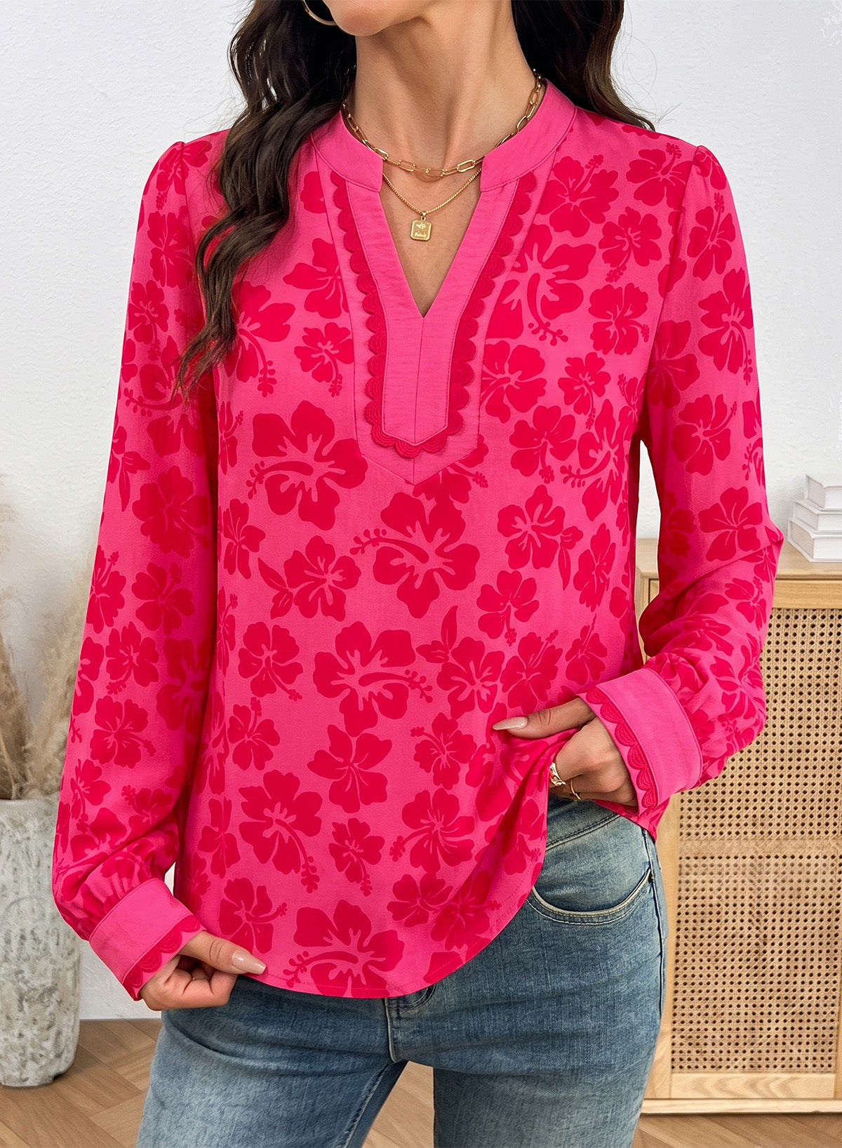 Dokotoo Womens Tops V Neck Long Sleeve Shirts Boho Trim Casual Blouses