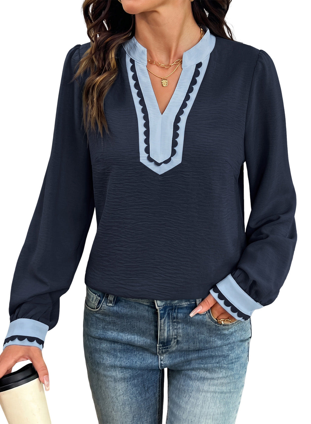 Dokotoo Womens Tops V Neck Long Sleeve Shirts Boho Trim Casual Blouses