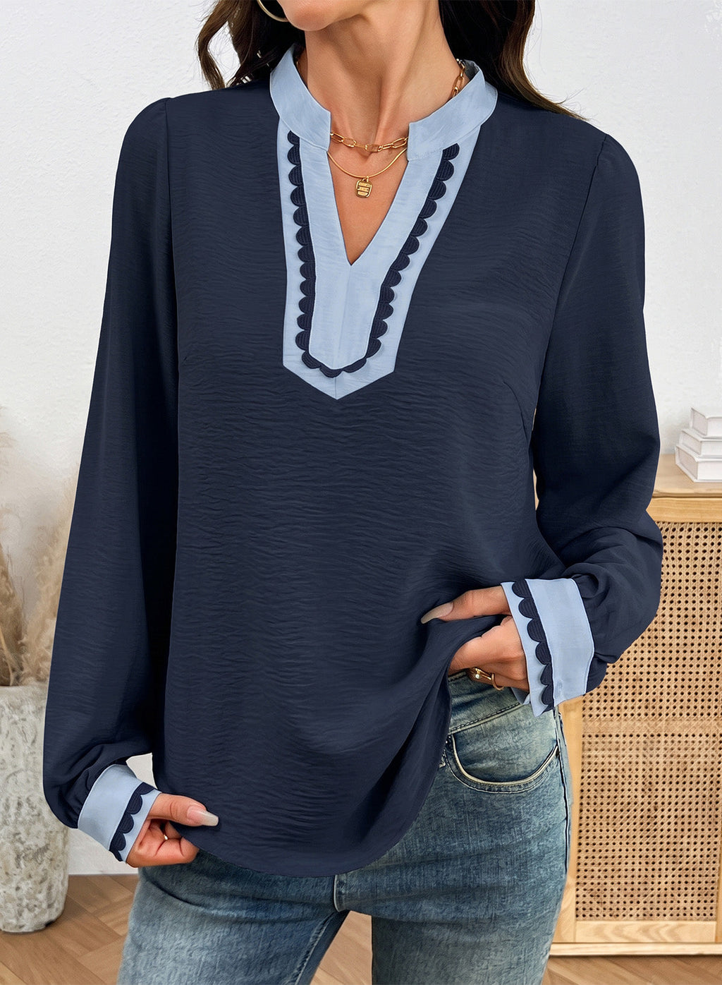 Dokotoo Womens Tops V Neck Long Sleeve Shirts Boho Trim Casual Blouses