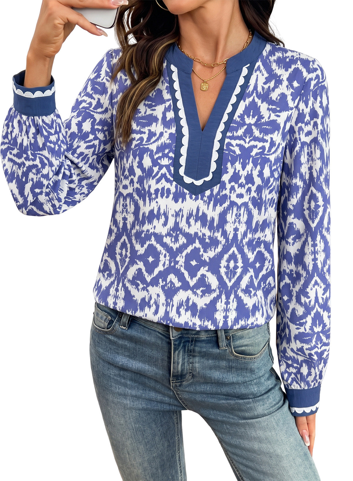 Dokotoo Womens Tops V Neck Long Sleeve Shirts Boho Trim Casual Blouses