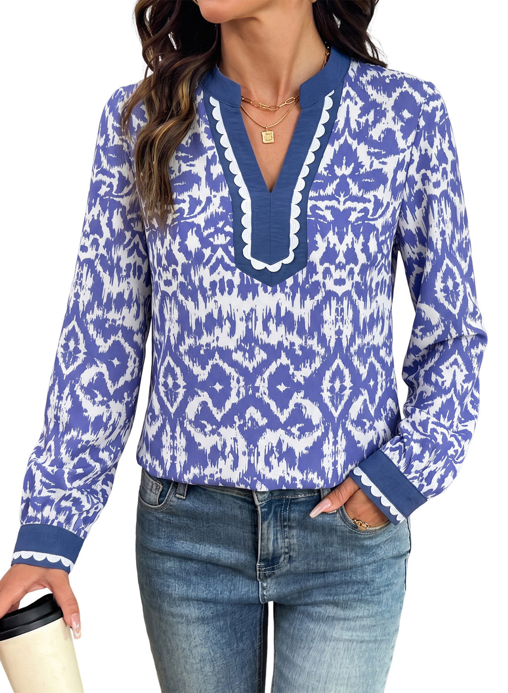 Dokotoo Womens Tops V Neck Long Sleeve Shirts Boho Trim Casual Blouses
