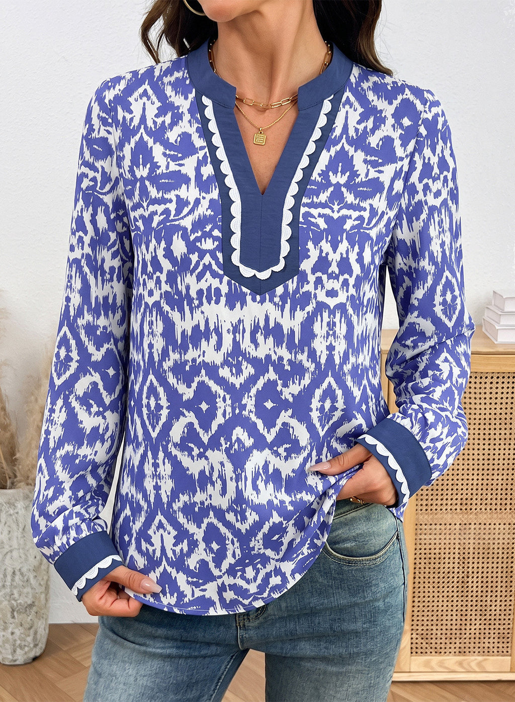 Dokotoo Womens Tops V Neck Long Sleeve Shirts Boho Trim Casual Blouses