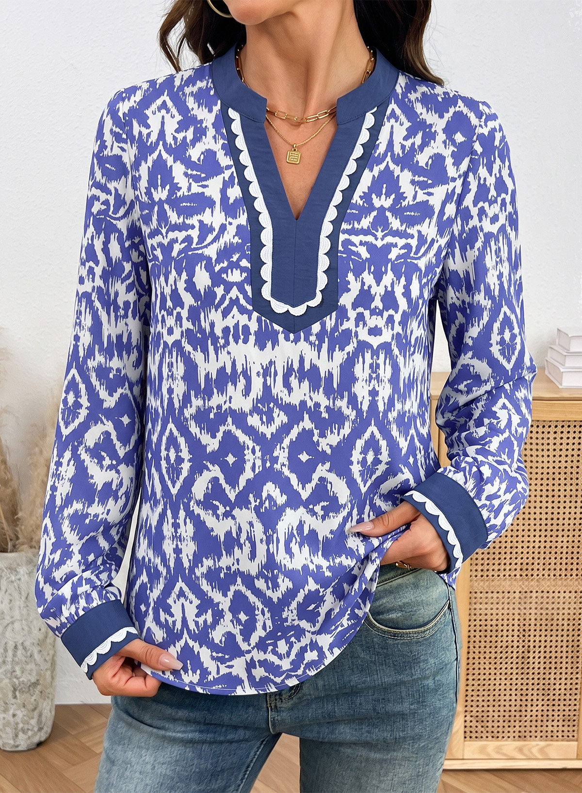 Dokotoo Womens Tops V Neck Long Sleeve Shirts Boho Trim Casual Blouses
