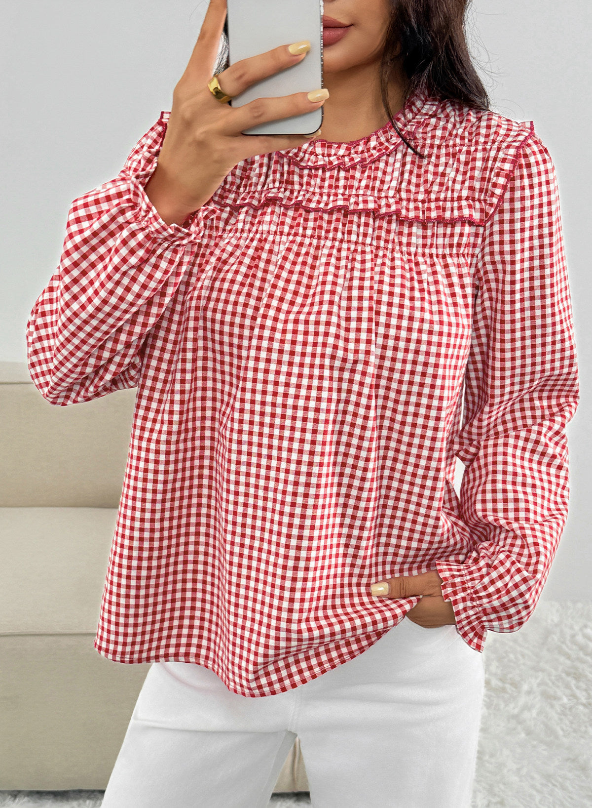 Dokotoo Gingham Long Sleeve Shirts for Women Cotton Babydoll Tops