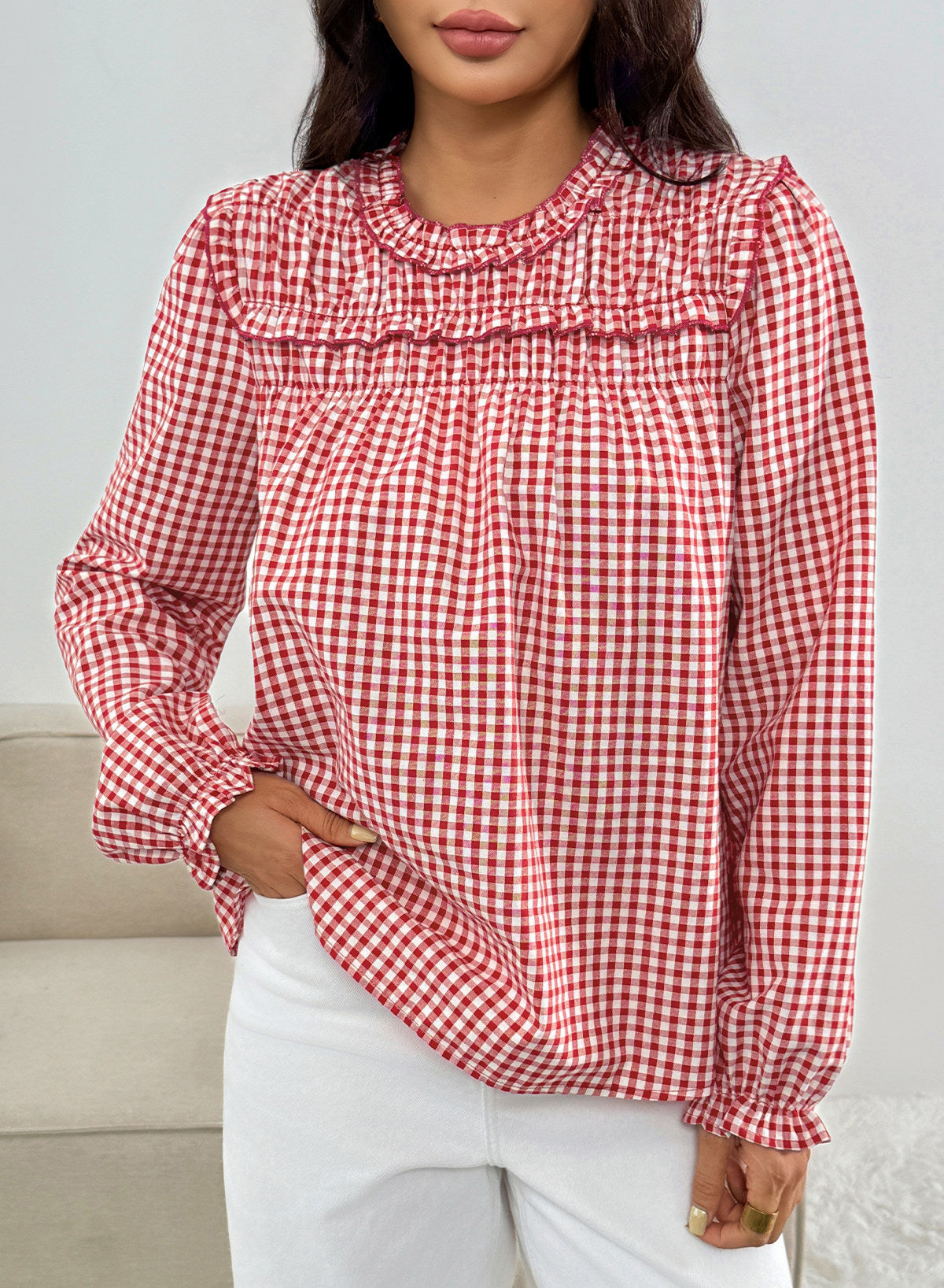 Dokotoo Gingham Long Sleeve Shirts for Women Cotton Babydoll Tops