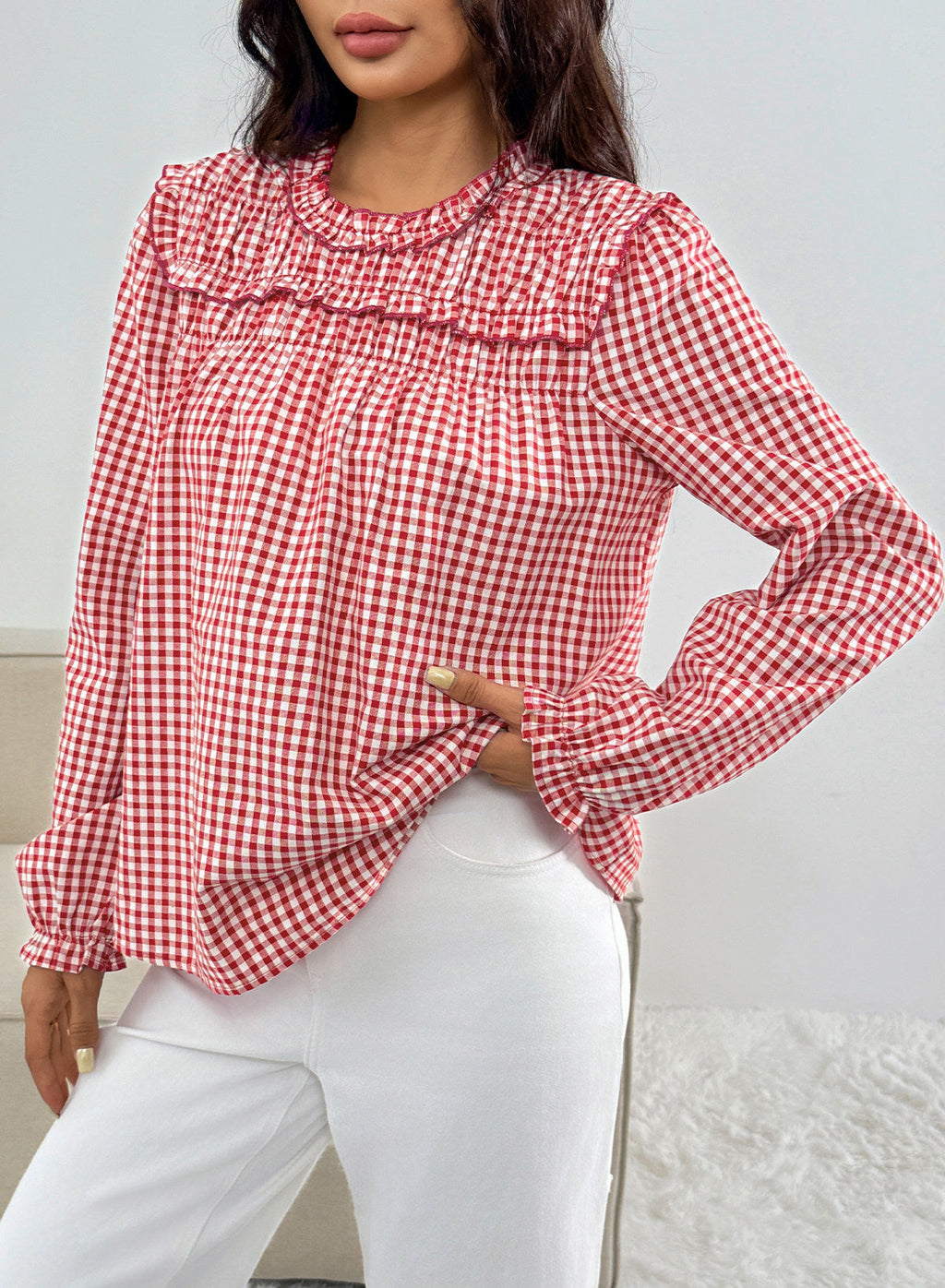 Dokotoo Gingham Long Sleeve Shirts for Women Cotton Babydoll Tops