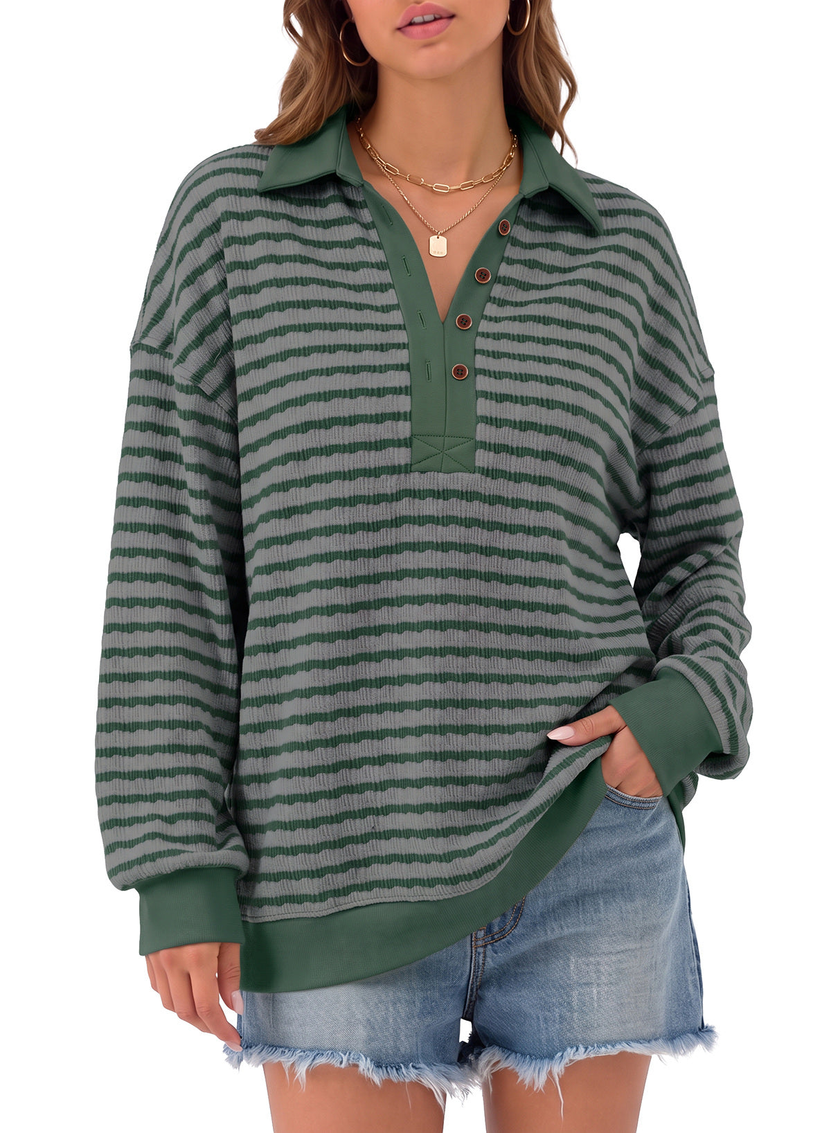 Dokotoo Oversized Henley Neck Sweatshirt for Women Striped Pullover Tops