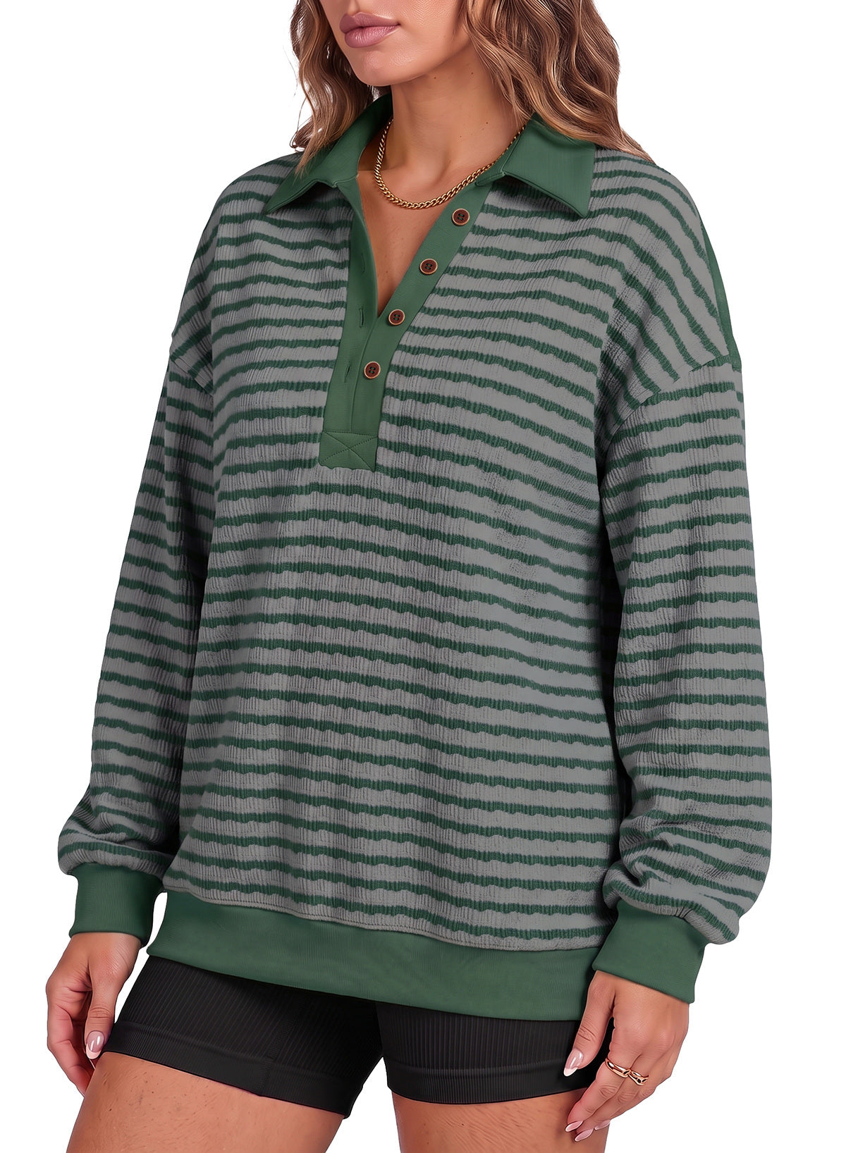 Dokotoo Oversized Henley Neck Sweatshirt for Women Striped Pullover Tops