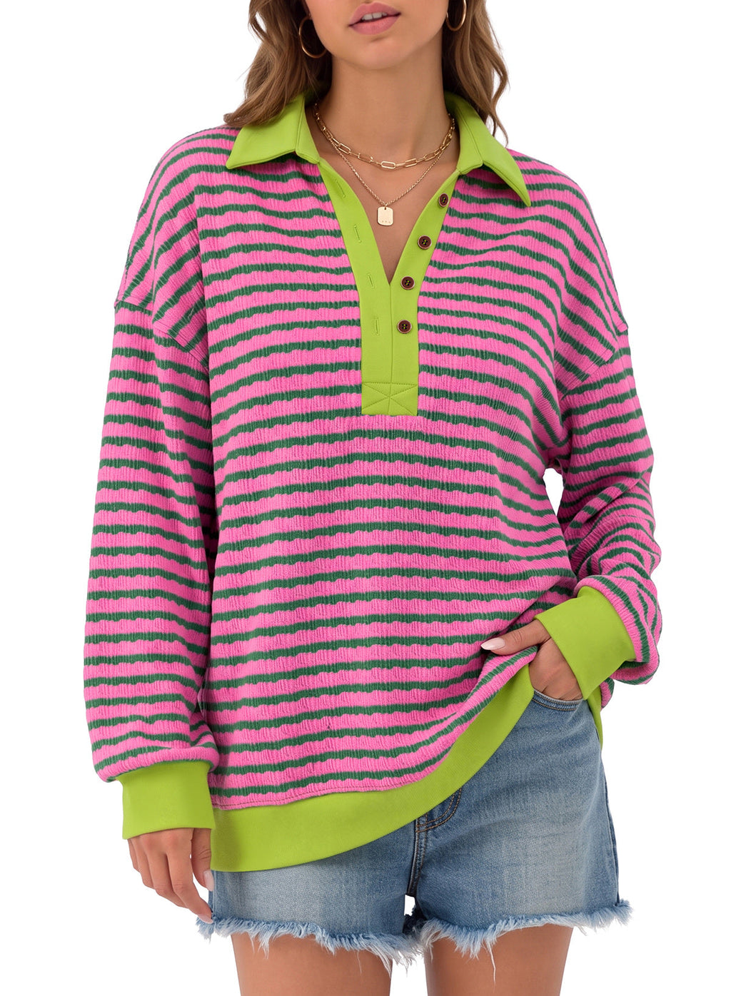 Dokotoo Oversized Henley Neck Sweatshirt for Women Striped Pullover Tops