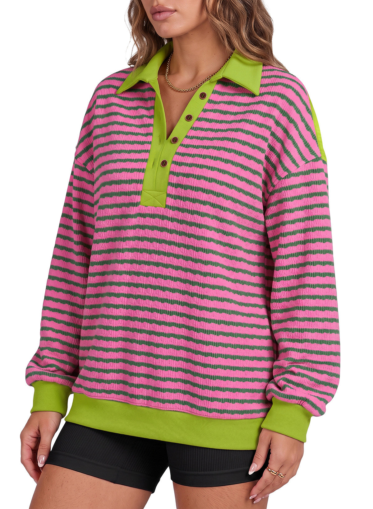 Dokotoo Oversized Henley Neck Sweatshirt for Women Striped Pullover Tops
