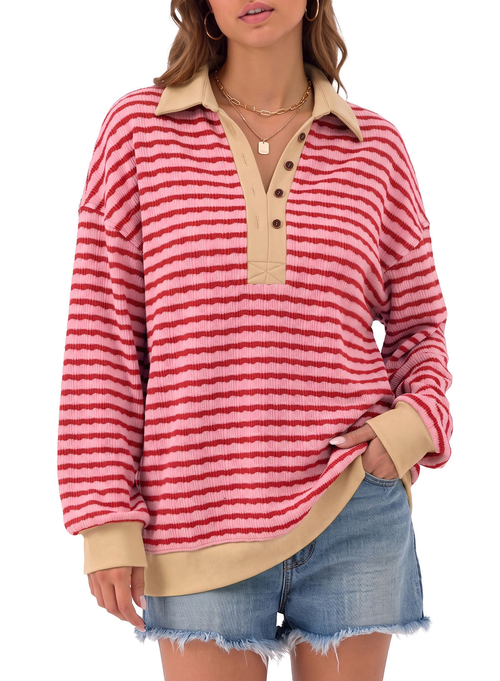 Dokotoo Oversized Henley Neck Sweatshirt for Women Striped Pullover Tops
