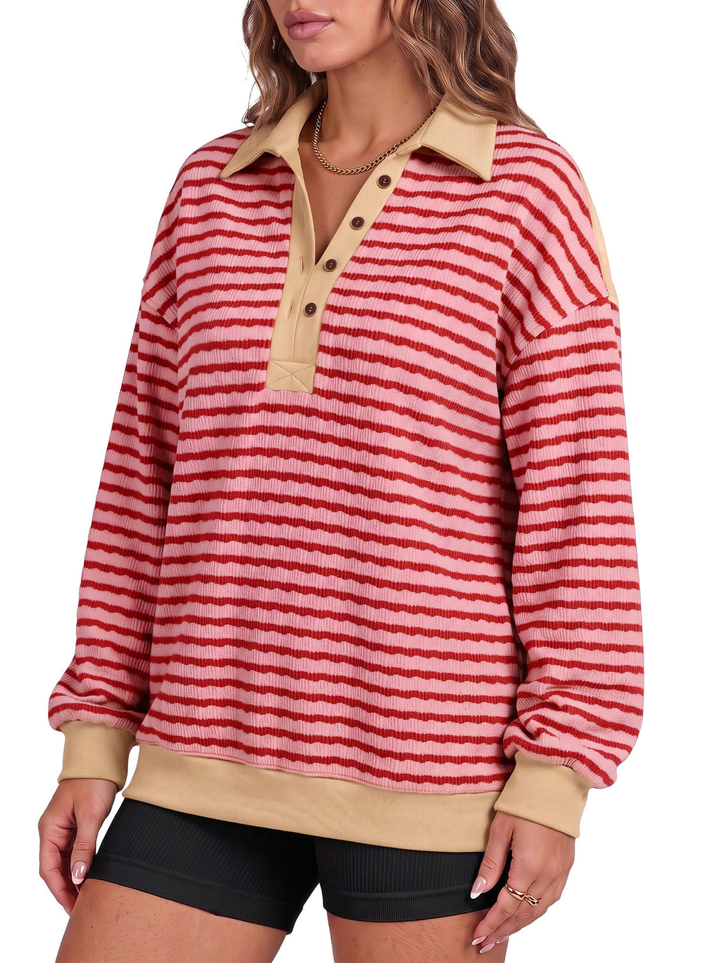 Dokotoo Oversized Henley Neck Sweatshirt for Women Striped Pullover Tops