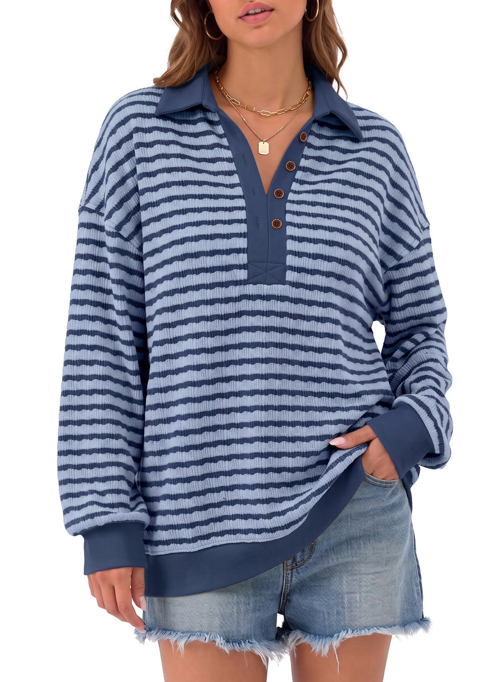 Dokotoo Oversized Henley Neck Sweatshirt for Women Striped Pullover Tops