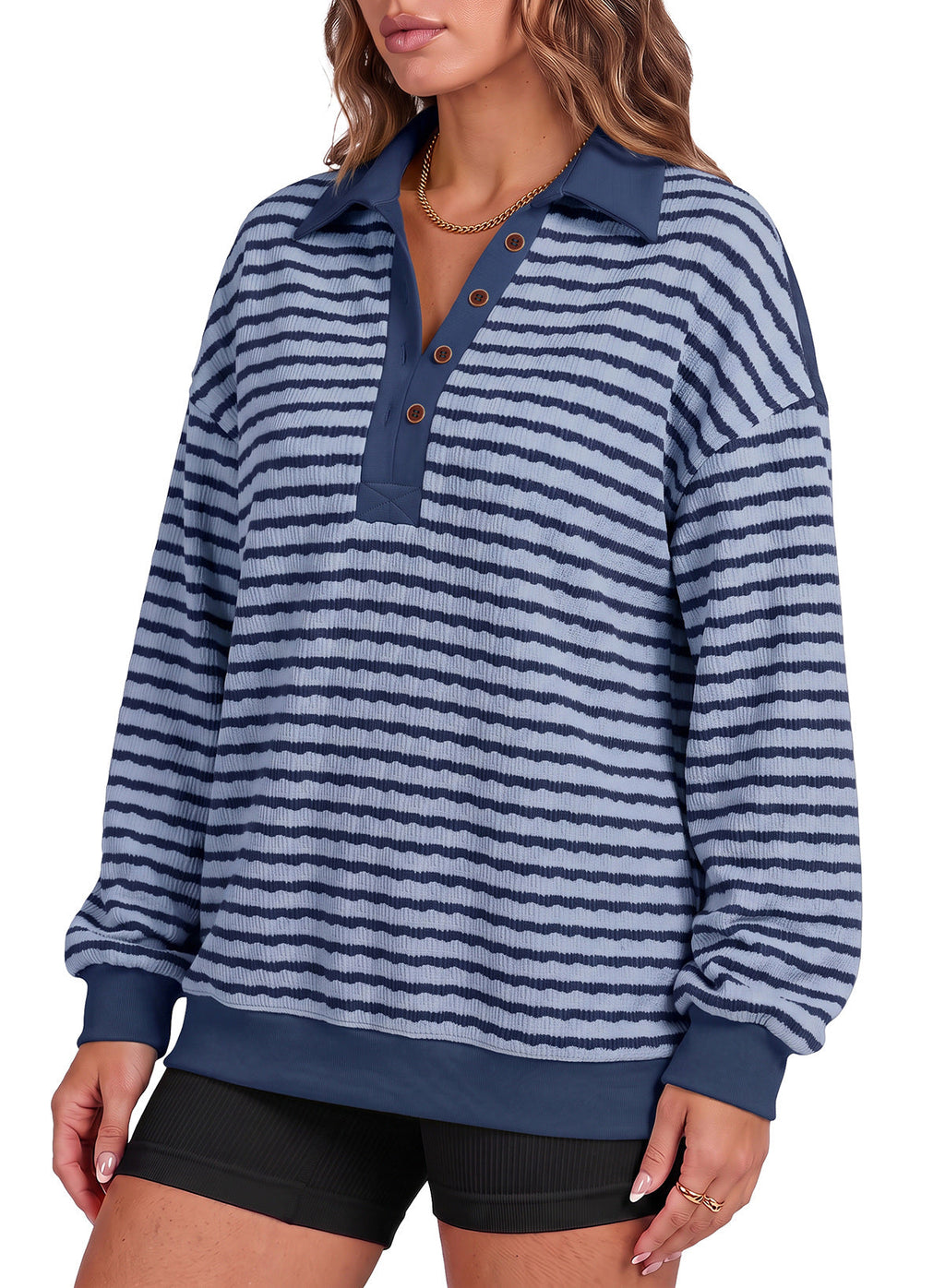 Dokotoo Oversized Henley Neck Sweatshirt for Women Striped Pullover Tops