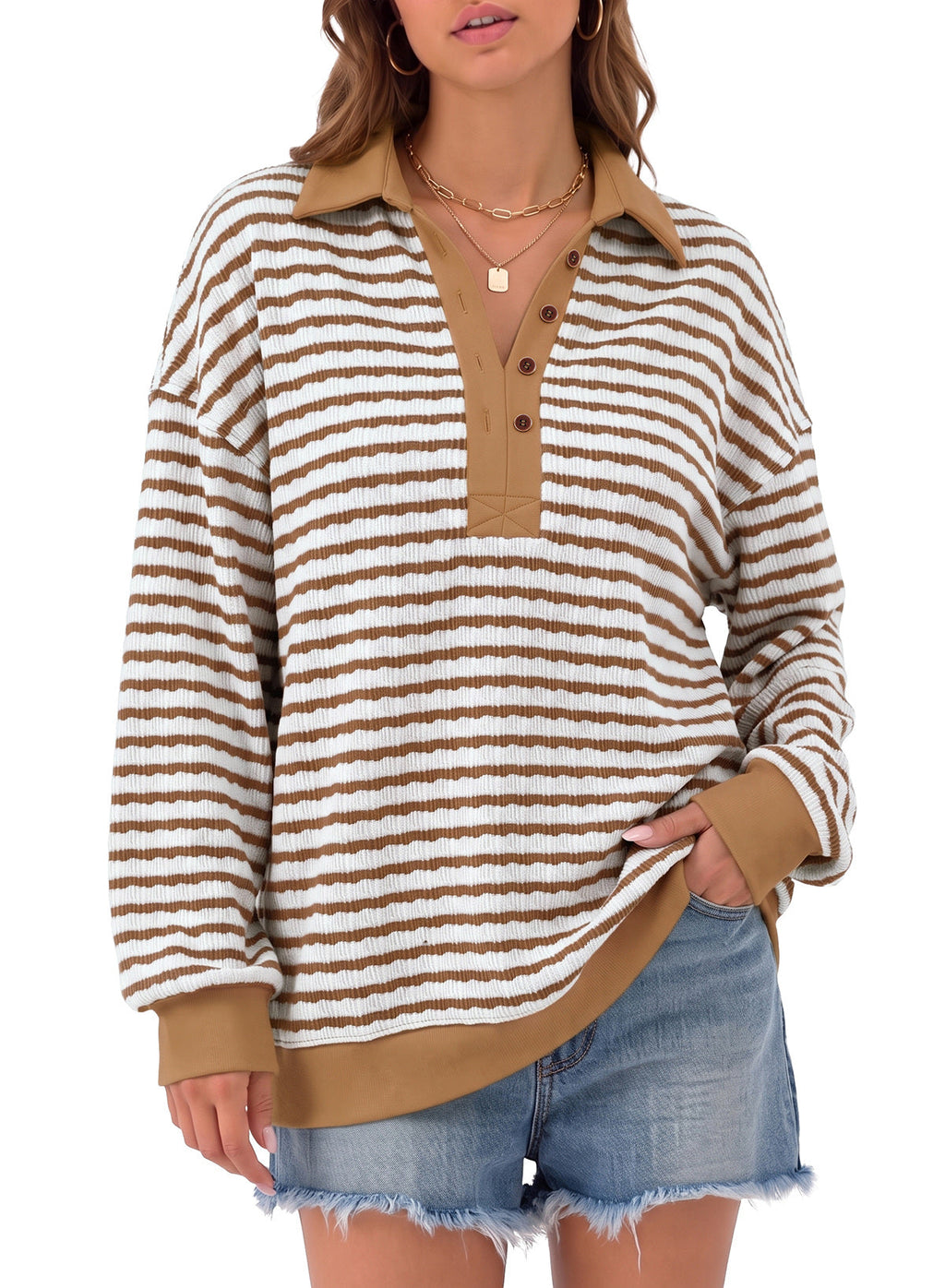 Dokotoo Oversized Henley Neck Sweatshirt for Women Striped Pullover Tops