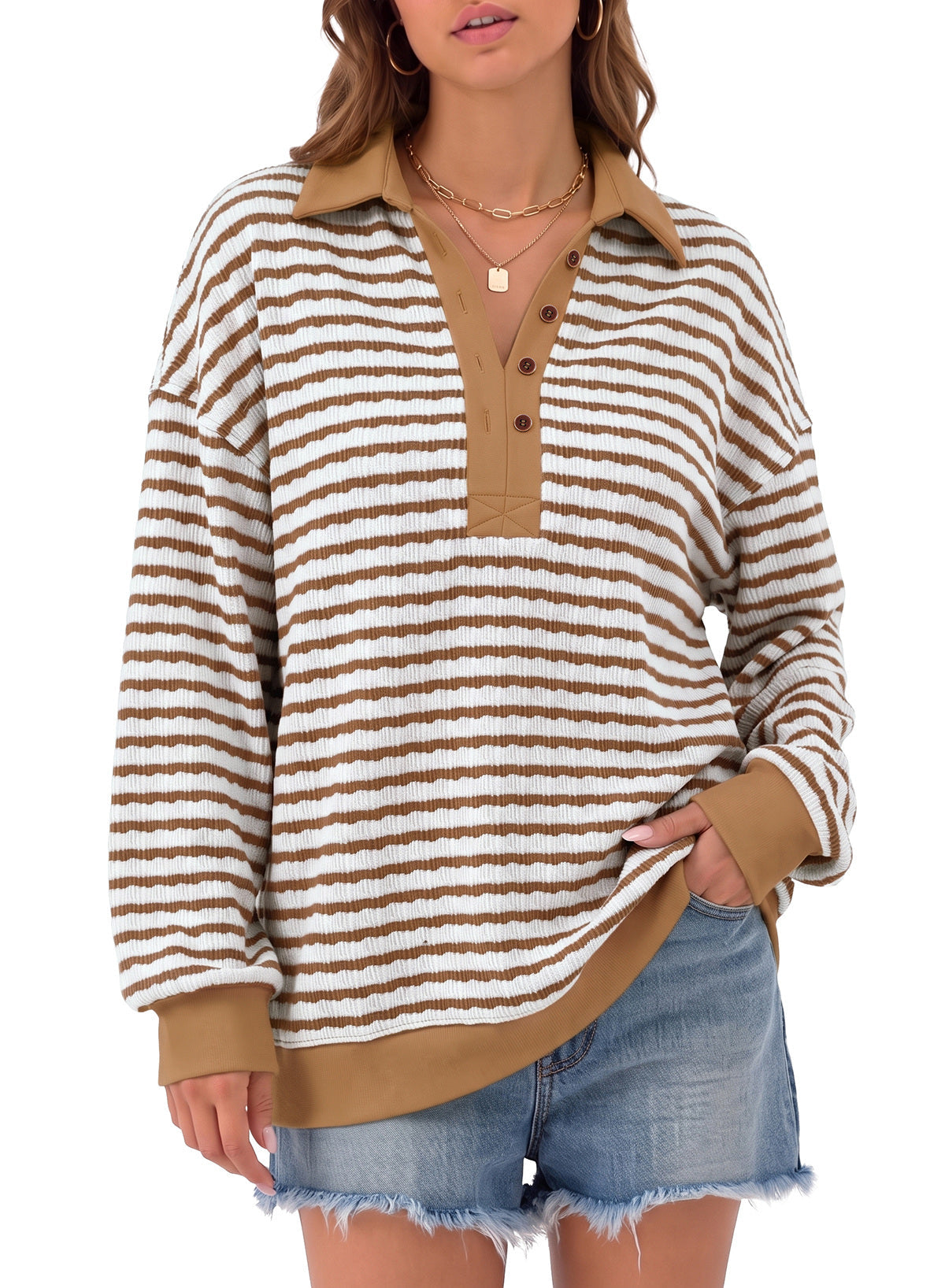 Dokotoo Oversized Henley Neck Sweatshirt for Women Striped Pullover Tops