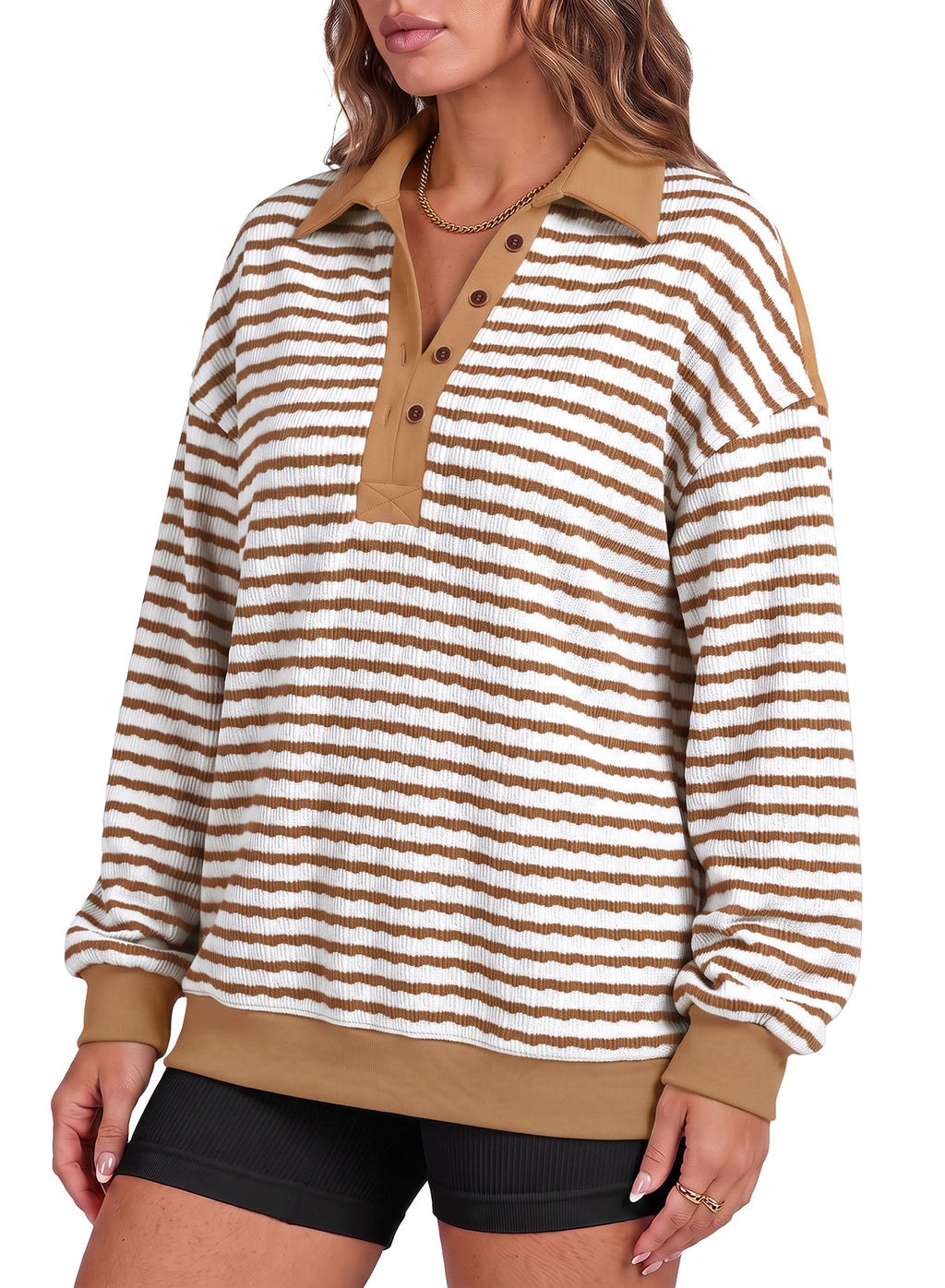Dokotoo Oversized Henley Neck Sweatshirt for Women Striped Pullover Tops
