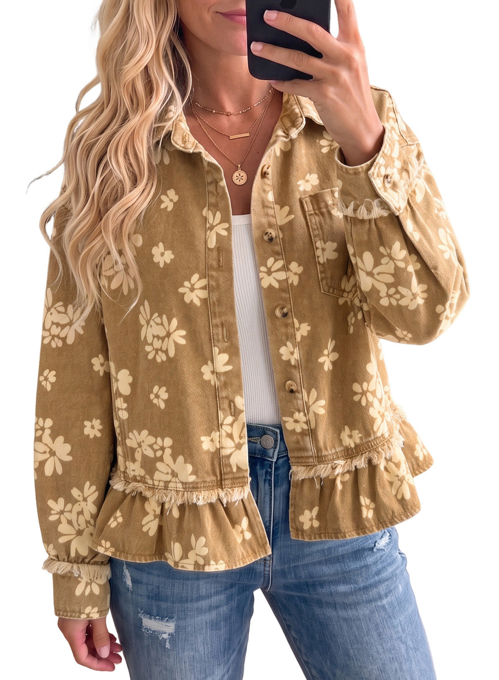 Dokotoo Womens Denim Jacket Ruffle Hem Button Down Jean Coats