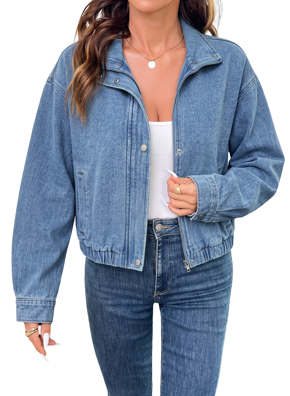 Dokotoo Womens Cropped Jean Jacket Zip Up Oversized Denim Jacket