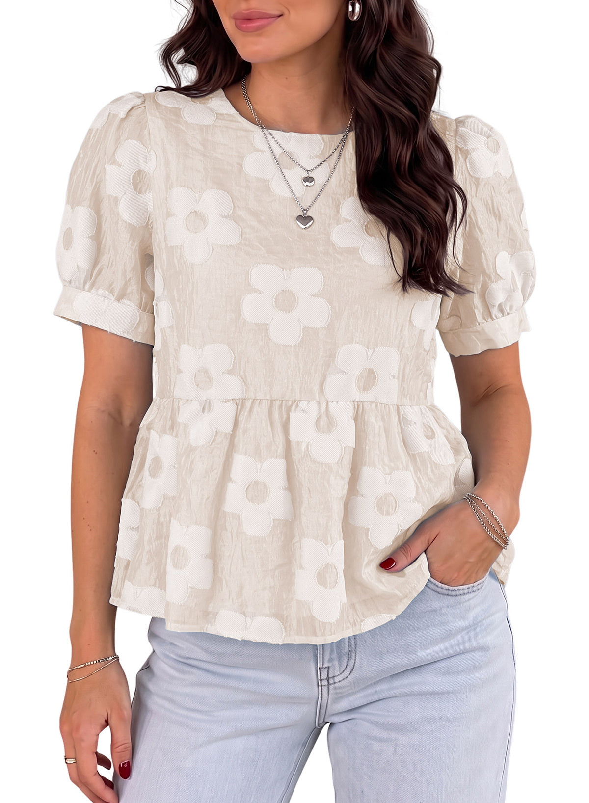 Dokotoo Women's Boho Floral Dressy Tops Summer Puff Sleeve Shirts Blouses