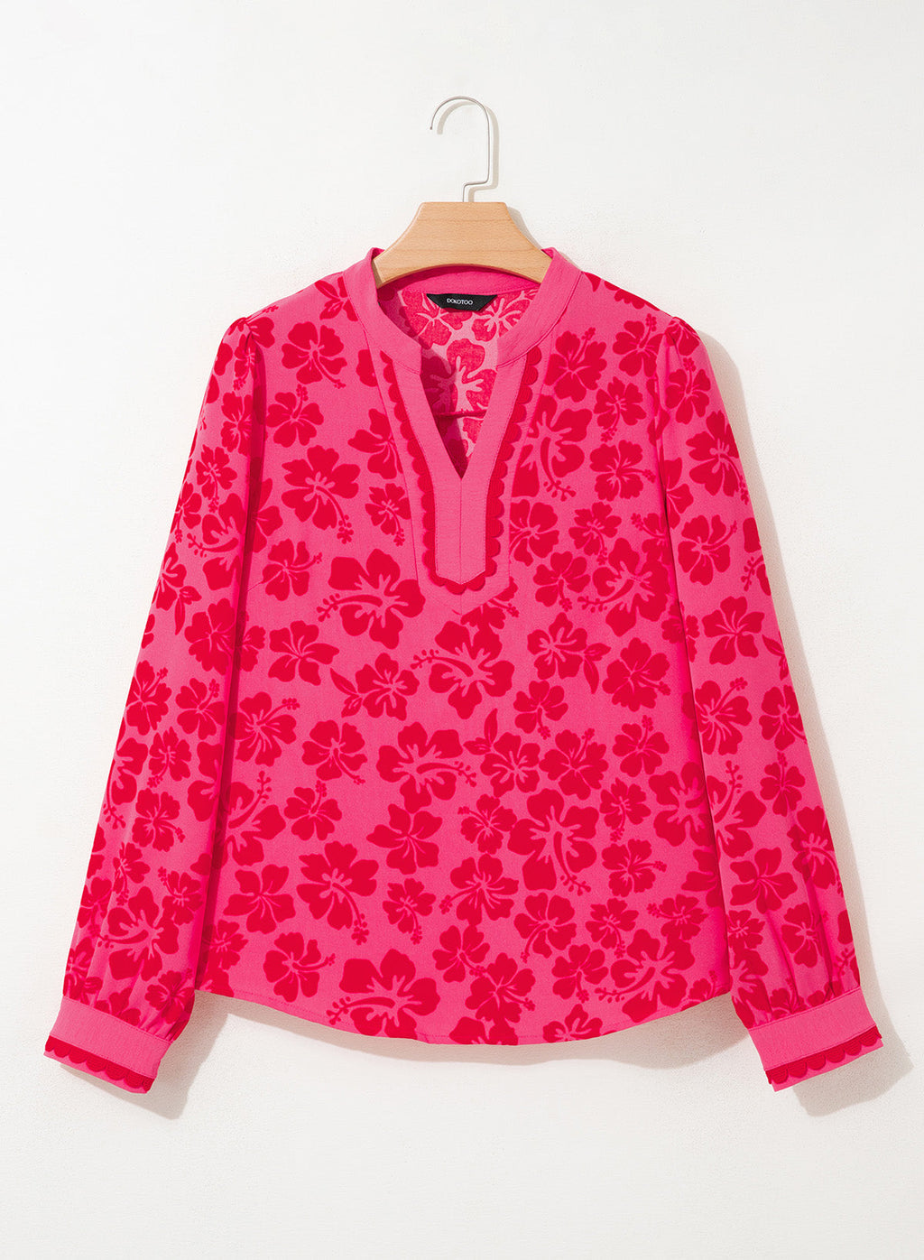 Dokotoo Womens Tops V Neck Long Sleeve Shirts Boho Trim Casual Blouses