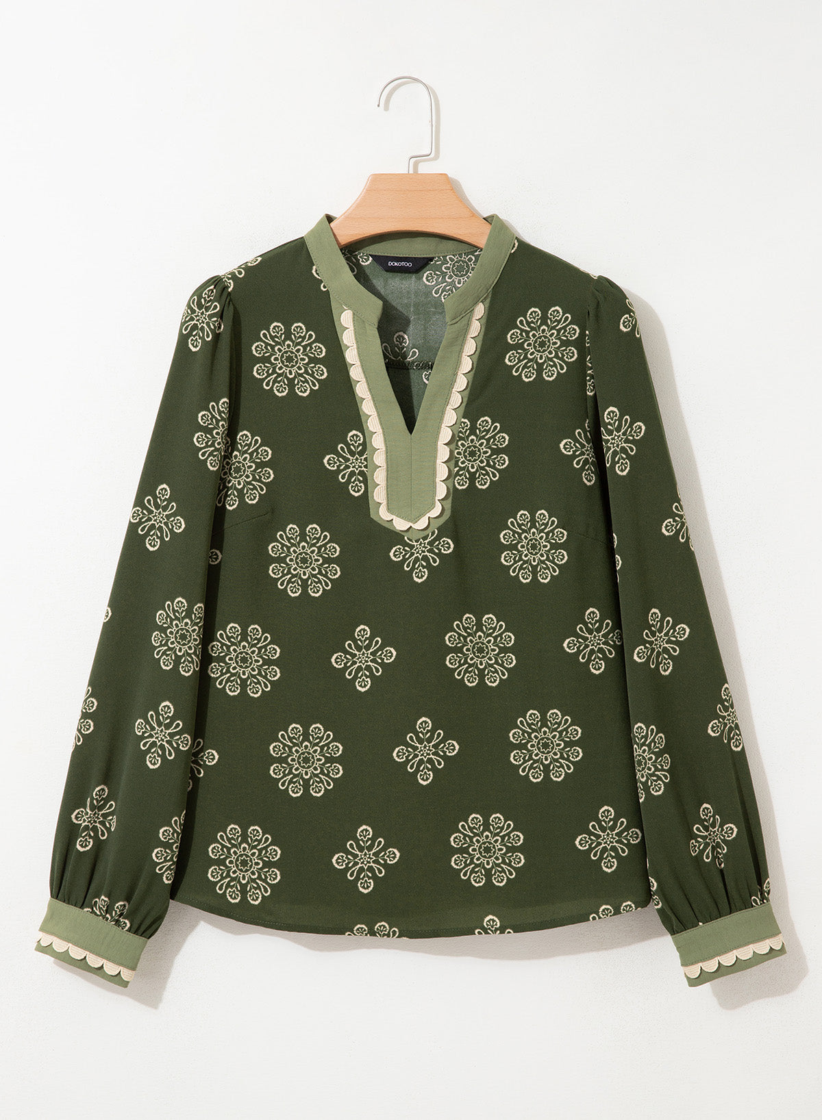Dokotoo Womens Tops V Neck Long Sleeve Shirts Boho Trim Casual Blouses