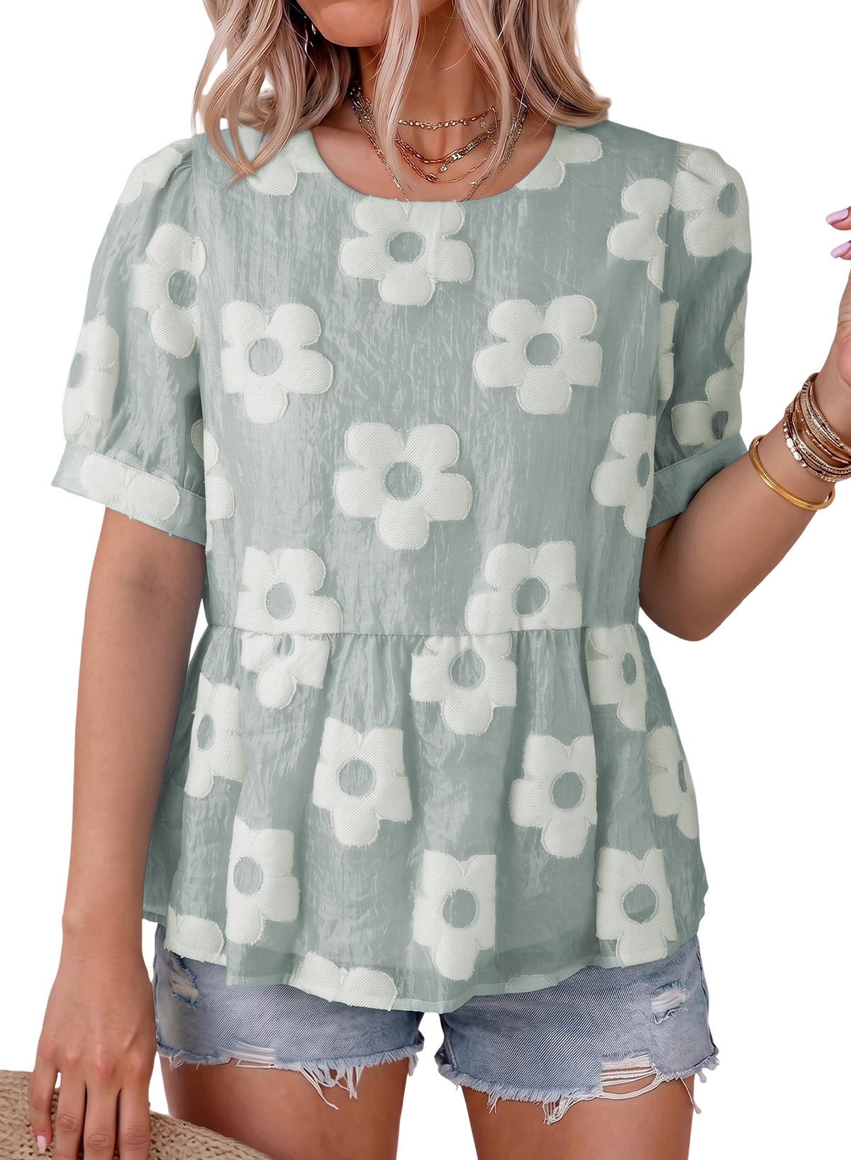 Dokotoo Women's Boho Floral Dressy Tops Summer Puff Sleeve Shirts Blouses