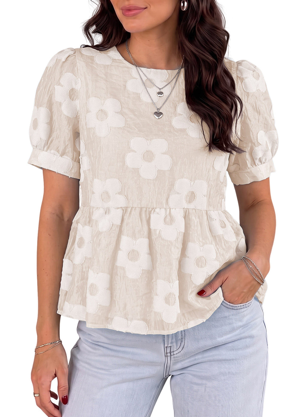 Dokotoo Women's Boho Floral Dressy Tops Summer Puff Sleeve Shirts Blouses