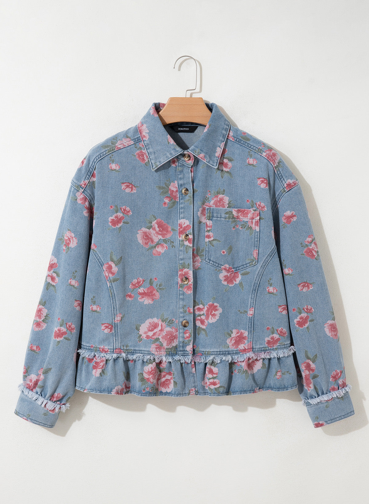 Dokotoo Womens Denim Jacket Ruffle Hem Button Down Jean Coats