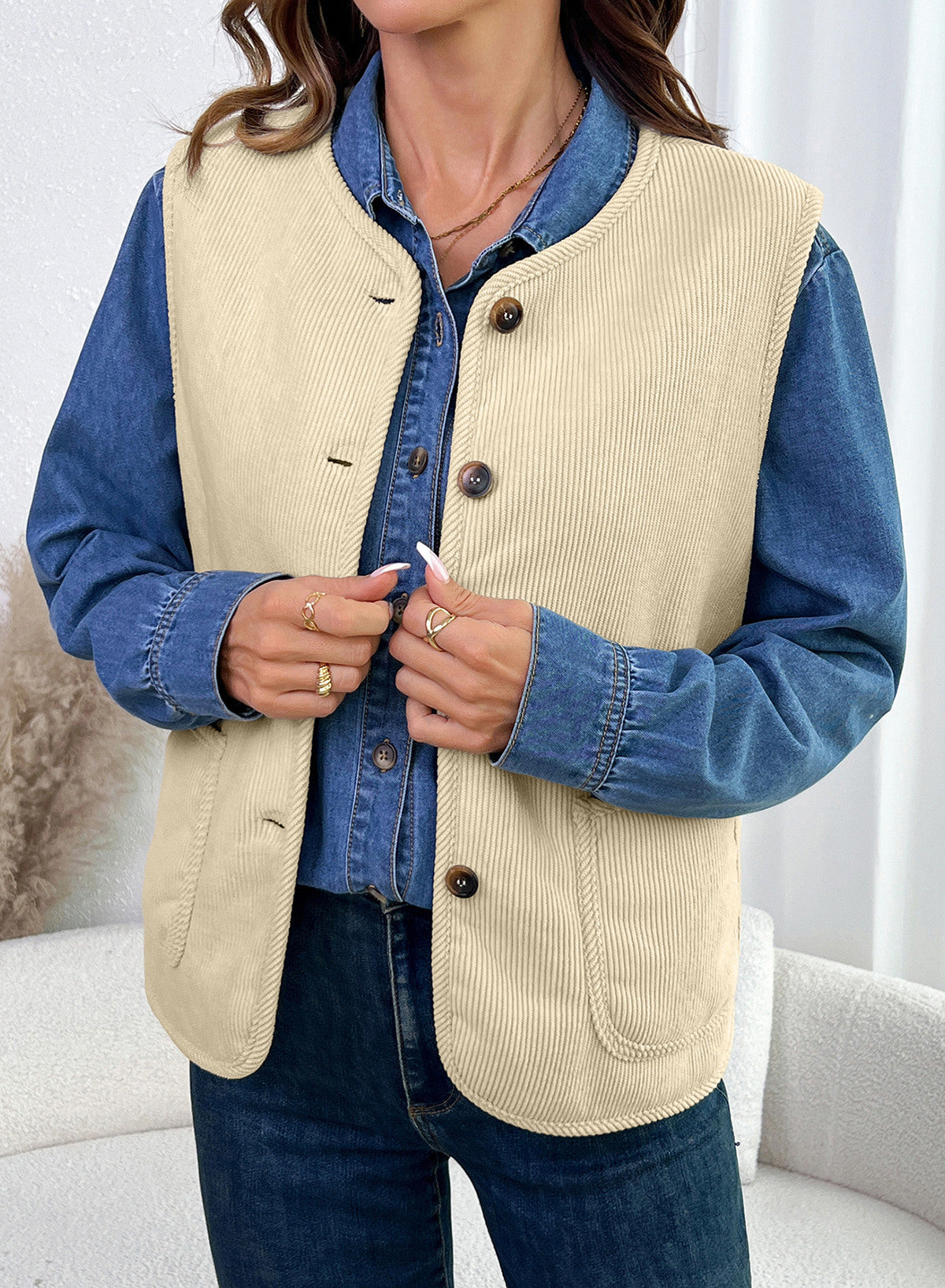 Dokotoo Vest Tops for Women Button Up Sleeveless Corduroy Vests