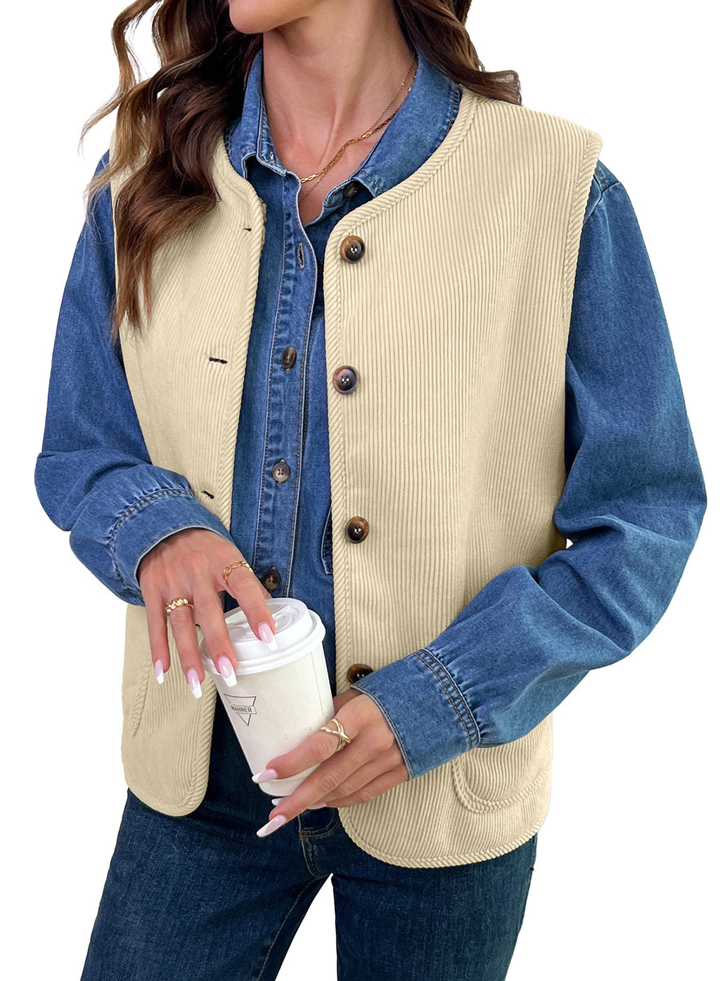 Dokotoo Vest Tops for Women Button Up Sleeveless Corduroy Vests