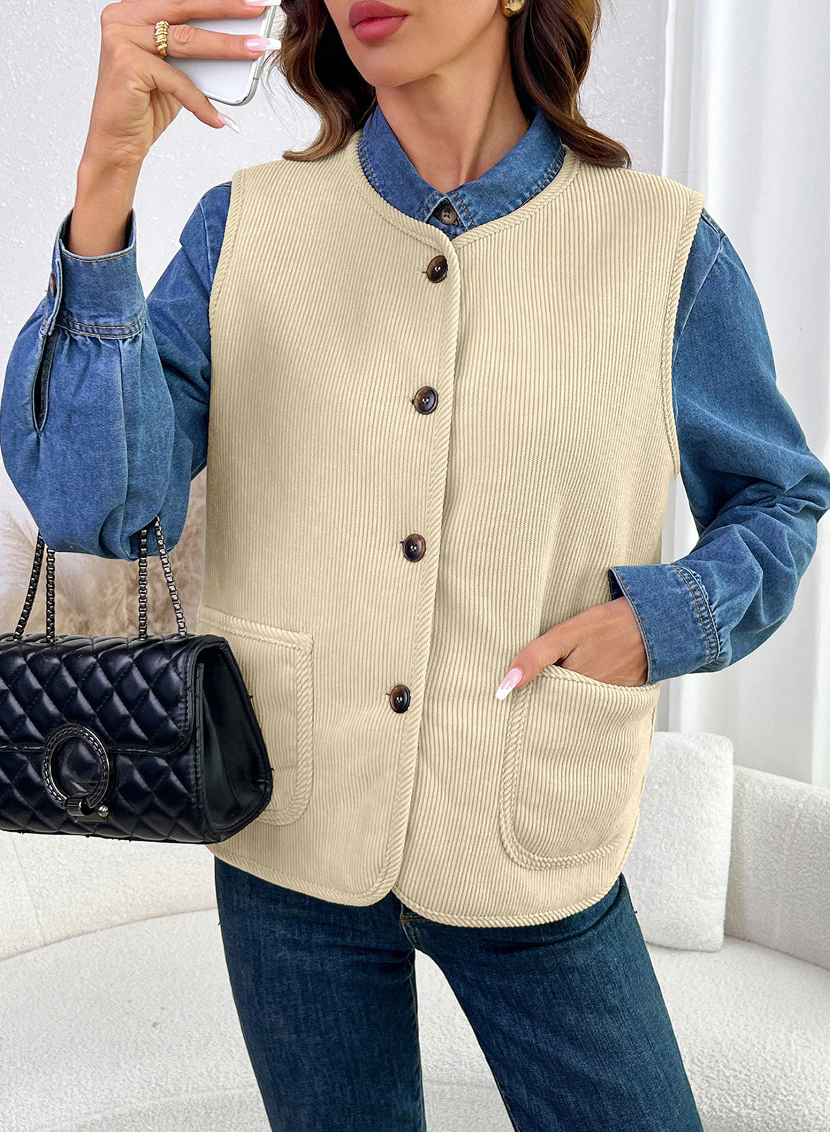 Dokotoo Vest Tops for Women Button Up Sleeveless Corduroy Vests