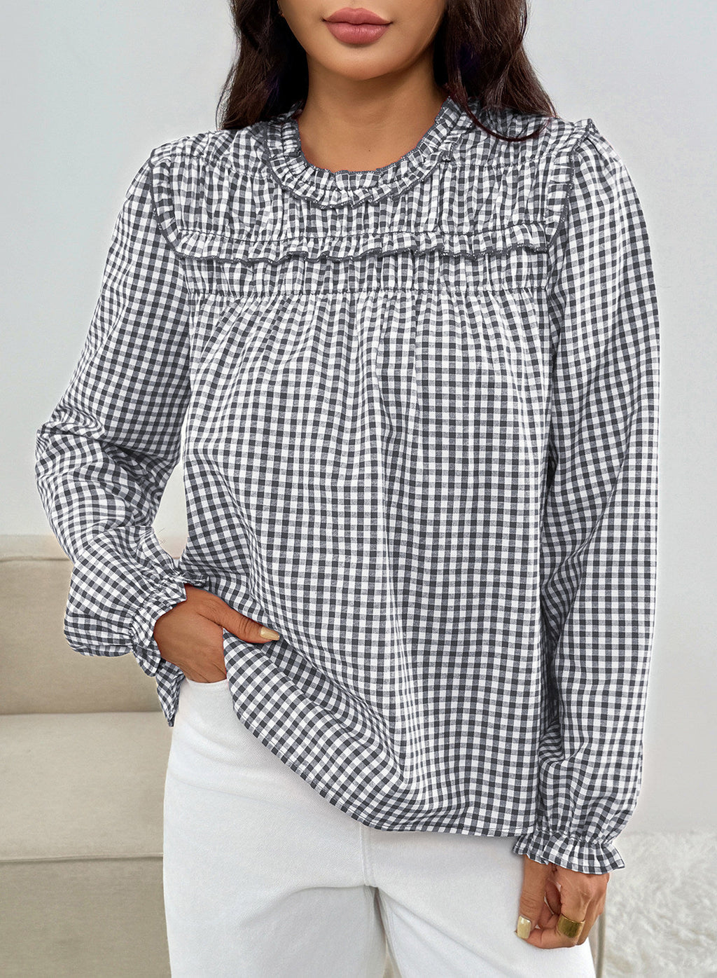Dokotoo Gingham Long Sleeve Shirts for Women Cotton Babydoll Tops