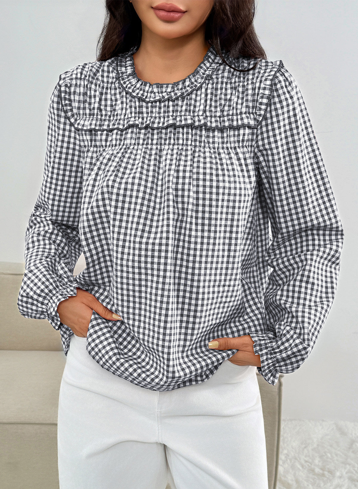 Dokotoo Gingham Long Sleeve Shirts for Women Cotton Babydoll Tops