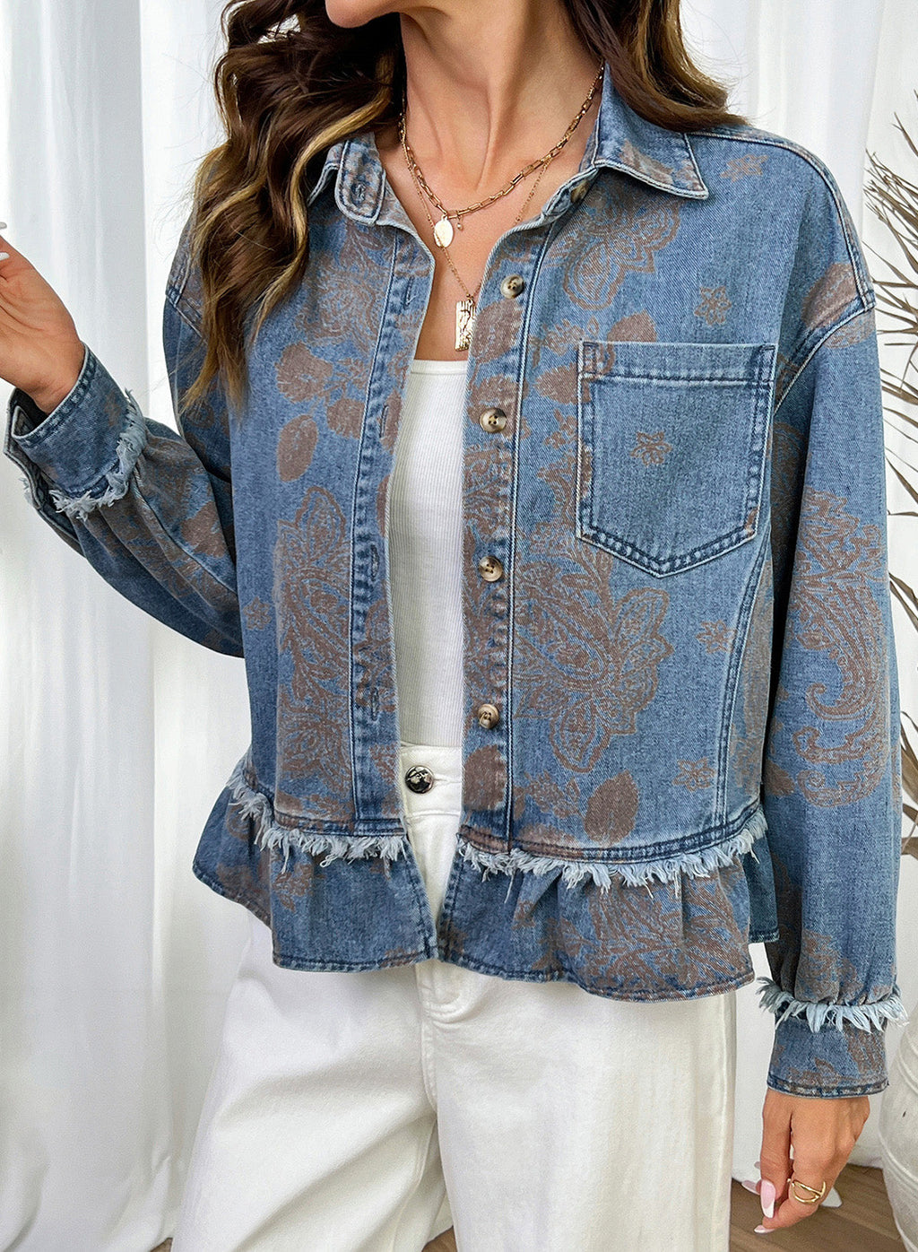 Dokotoo Womens Denim Jacket Ruffle Hem Button Down Jean Coats