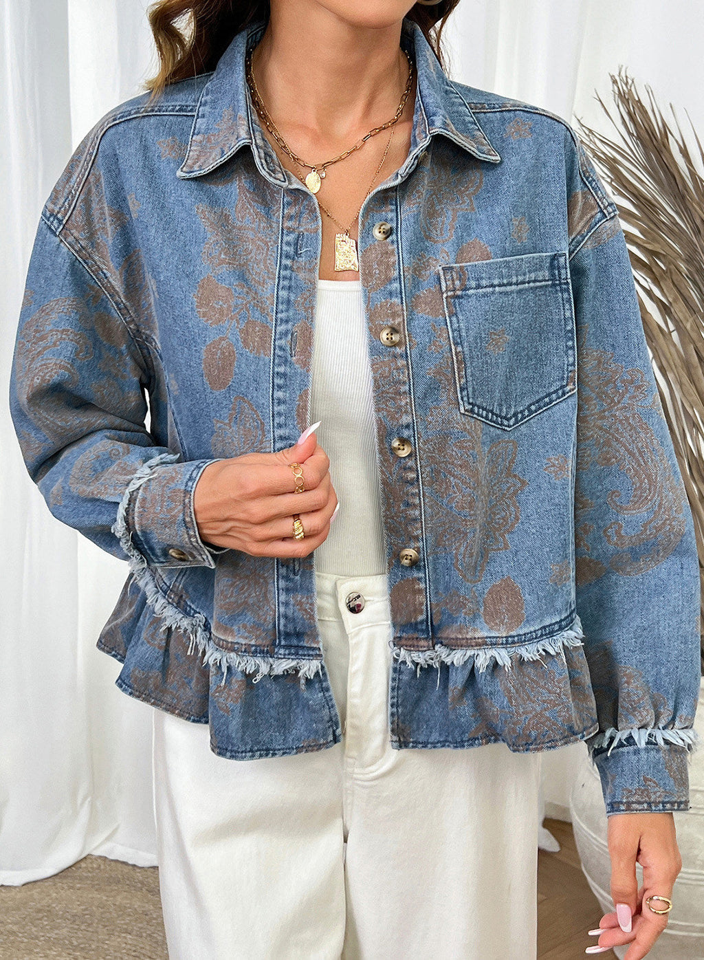 Dokotoo Womens Denim Jacket Ruffle Hem Button Down Jean Coats