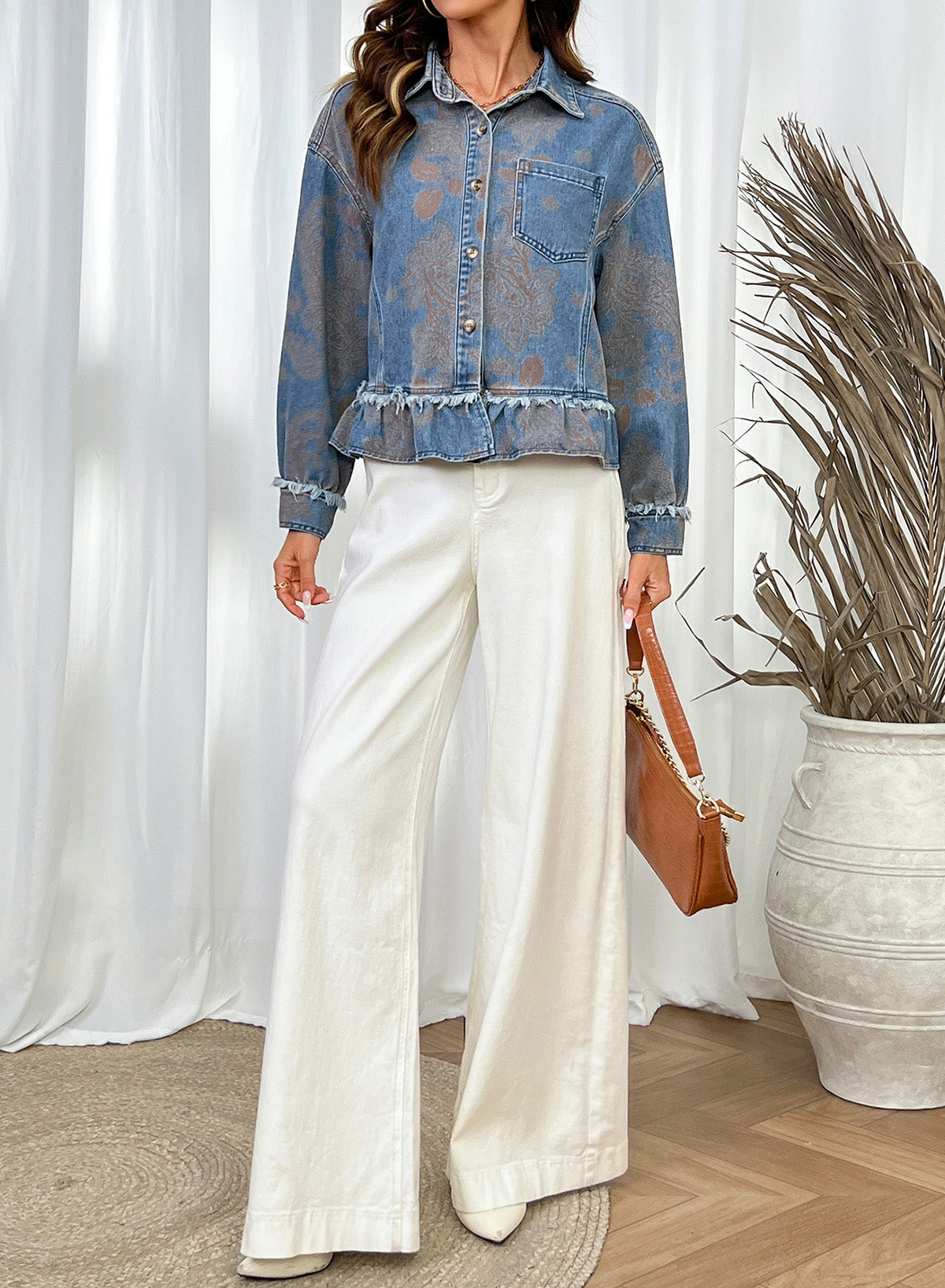 Dokotoo Womens Denim Jacket Ruffle Hem Button Down Jean Coats