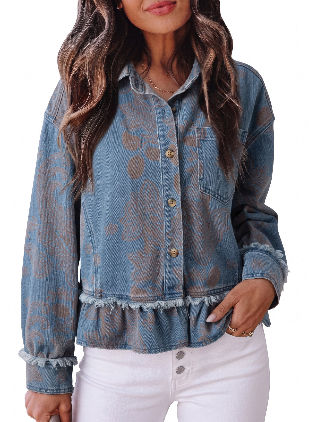 Dokotoo Womens Denim Jacket Ruffle Hem Button Down Jean Coats