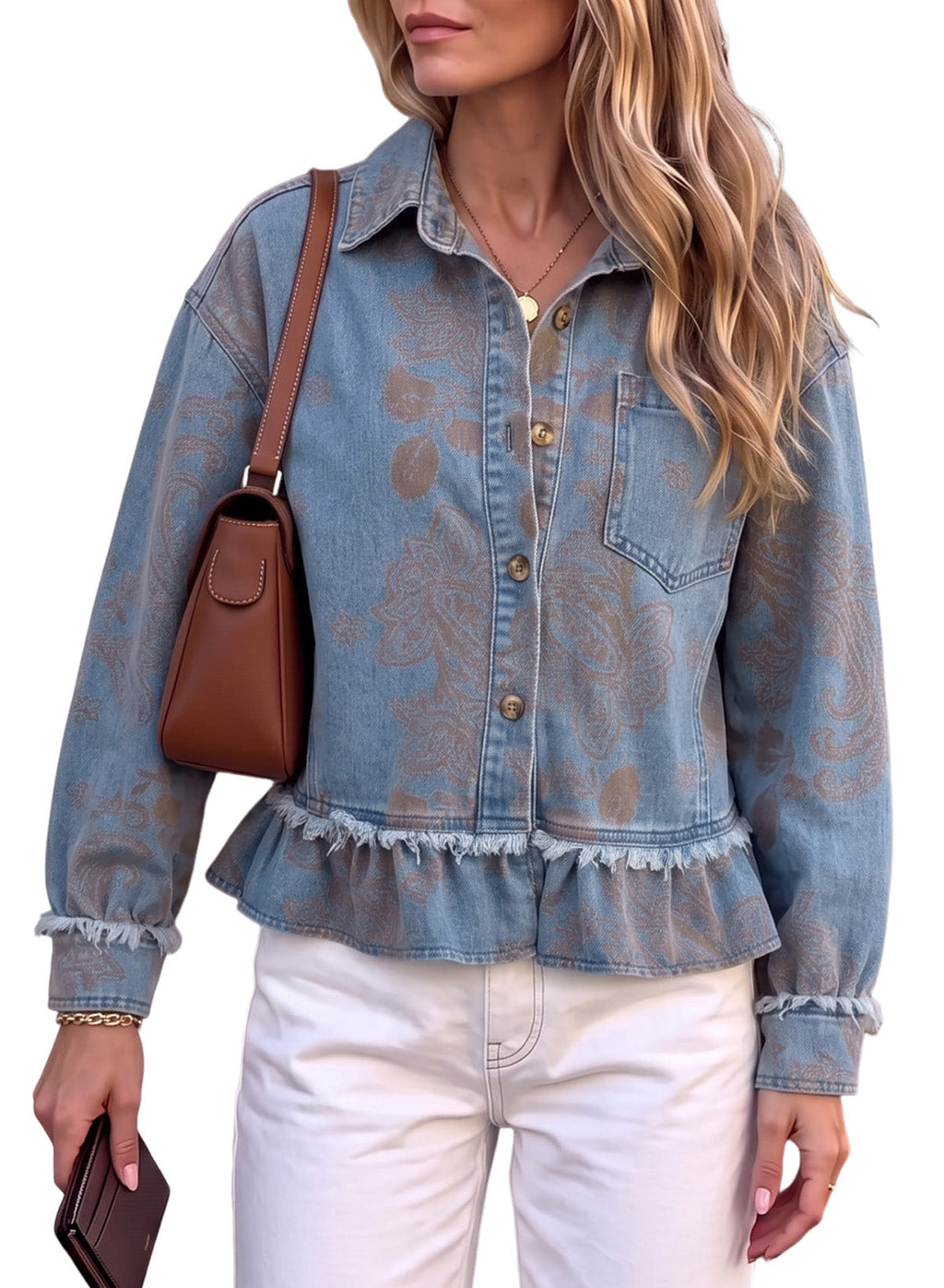 Dokotoo Womens Denim Jacket Ruffle Hem Button Down Jean Coats