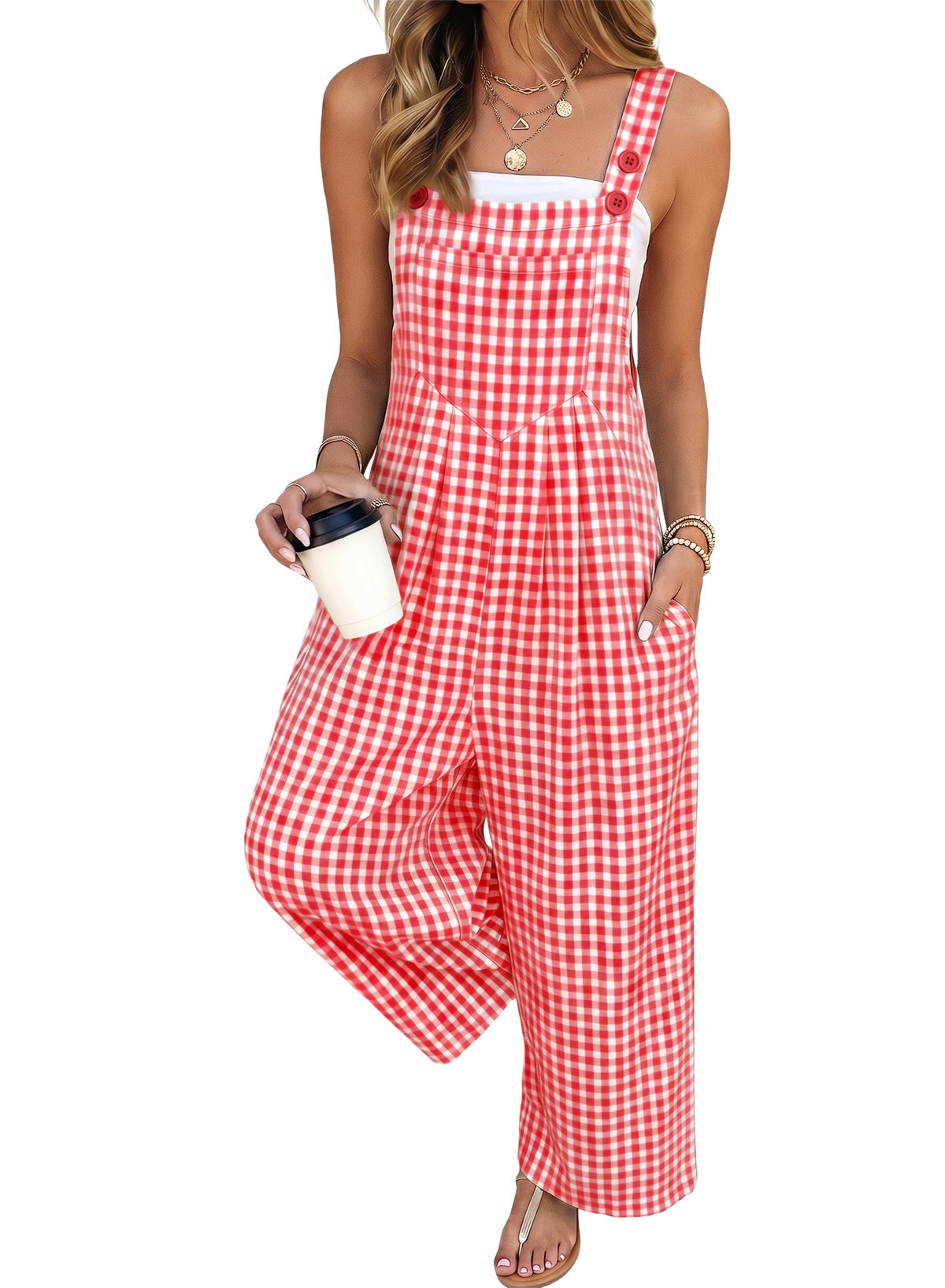Dokotoo Women's Sleeveless Bib Overall Casual Gingham Jumpsuits