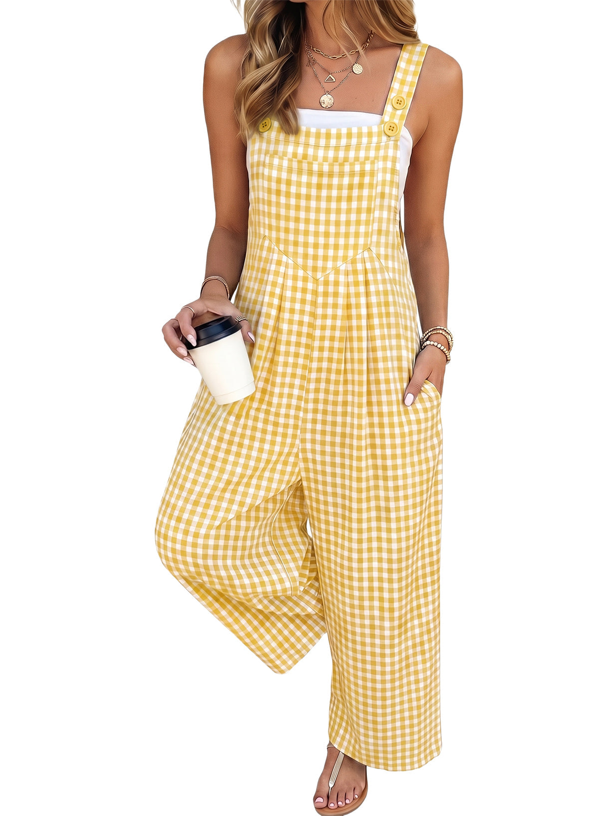 Dokotoo Women's Sleeveless Bib Overall Casual Gingham Jumpsuits