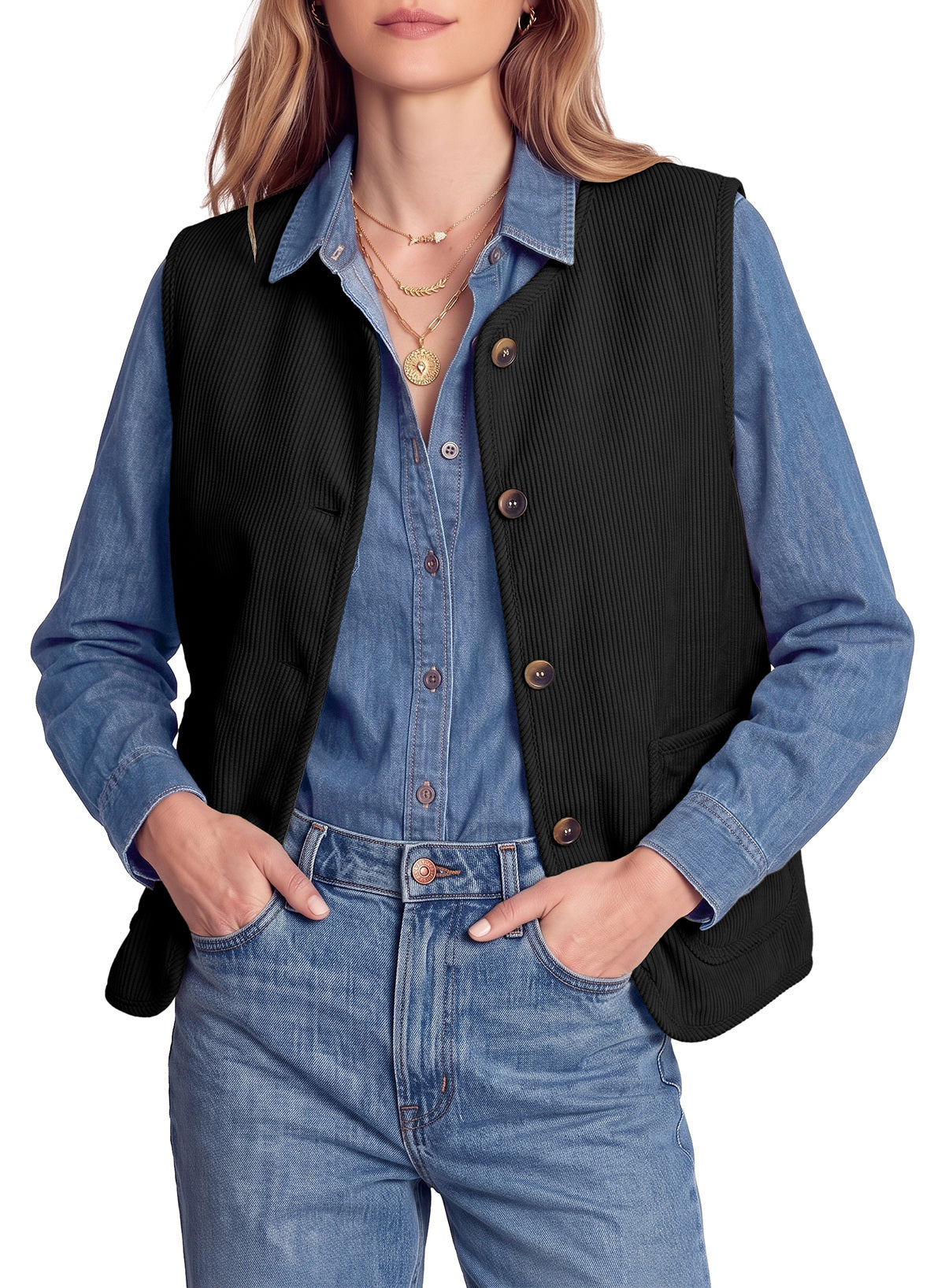 Dokotoo Vest Tops for Women Button Up Sleeveless Corduroy Vests