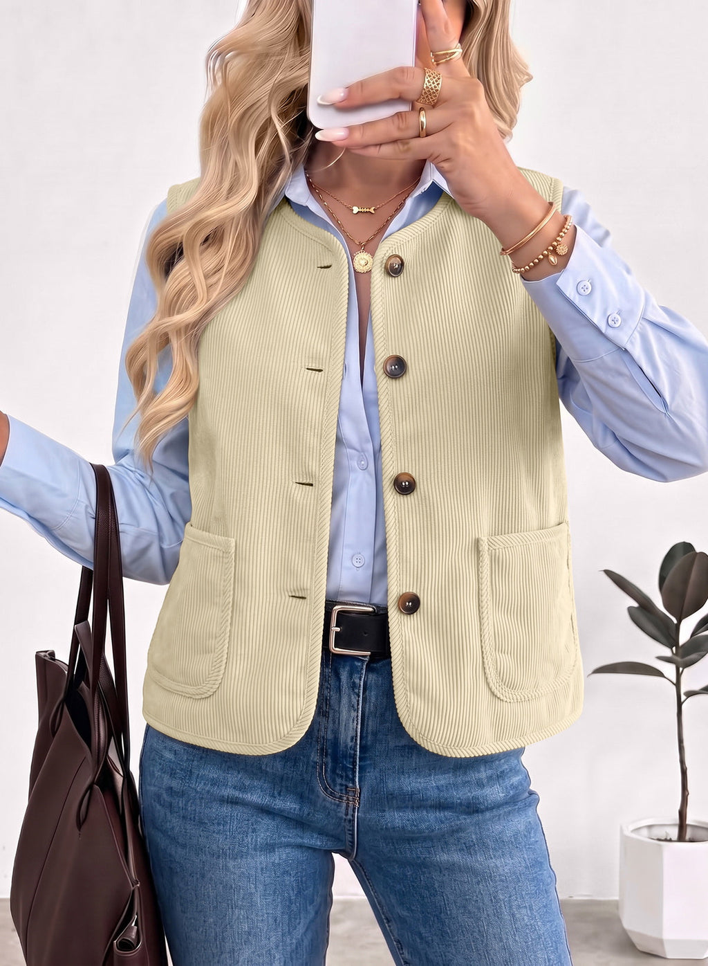 Dokotoo Vest Tops for Women Button Up Sleeveless Corduroy Vests