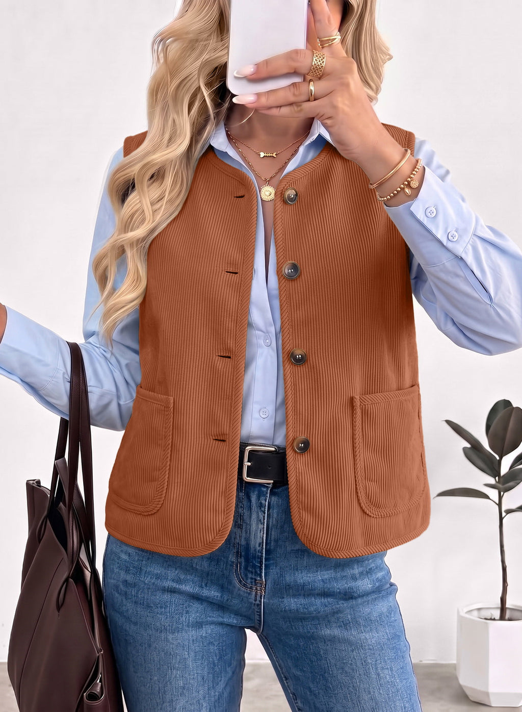 Dokotoo Vest Tops for Women Button Up Sleeveless Corduroy Vests